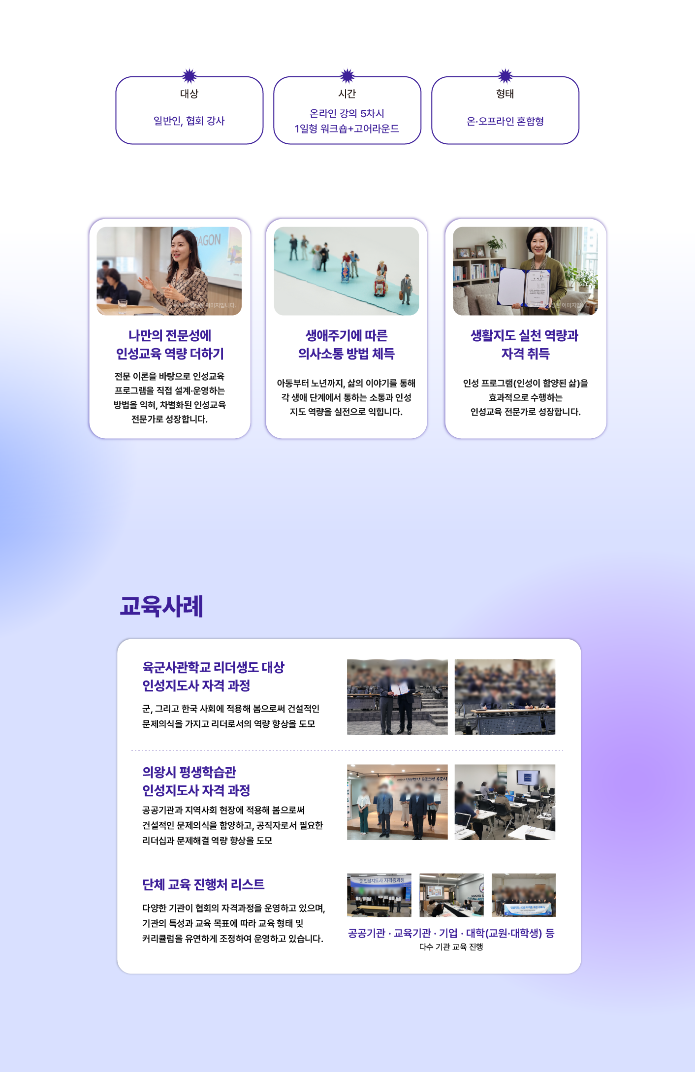 일반인과 협회 강사를 대상으로 운영하는 온·오프라인 혼합형 인성지도사 2급 자격 과정 및 교육 사례