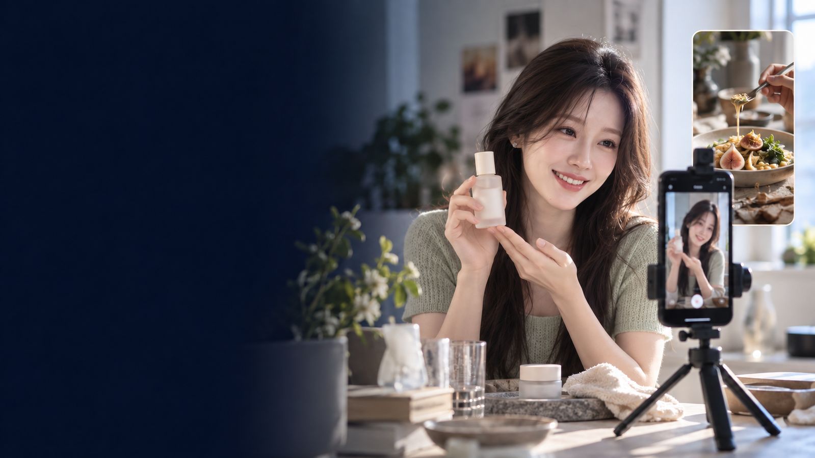 인플루언서 마케팅 히어로 원본 관리용: 스킨케어 제품을 소개하며 릴스를 촬영하는 연출 이미지