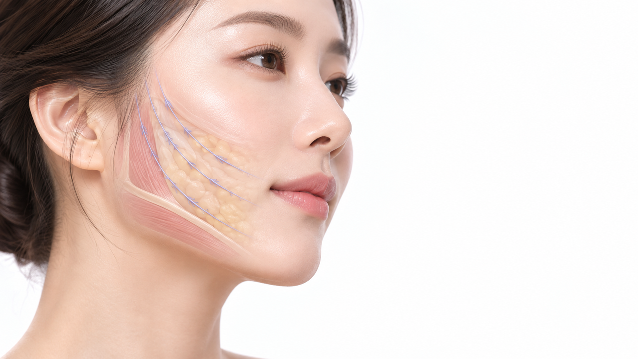 울산실리프팅 얼굴 피부 아래 리프팅 실의 위치를 보여주는 의료 일러스트