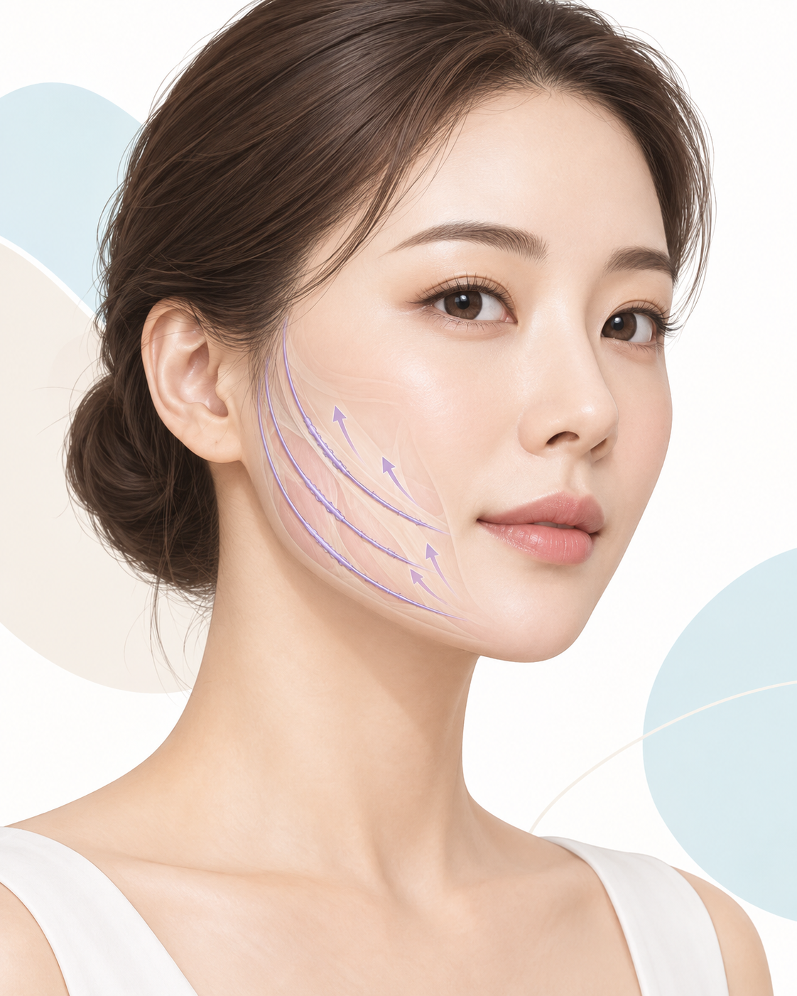 울산삼산동실리프팅 후 피부 아래 삽입된 실과 자연스럽게 정돈된 얼굴라인을 표현한 일러스트
