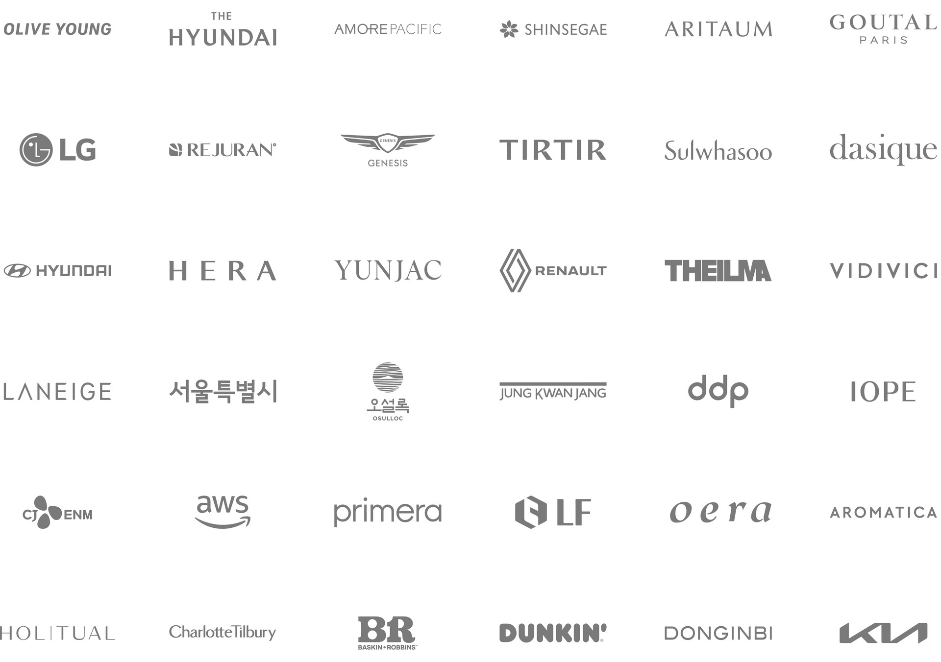 아모레퍼시픽 올리브영 신세계 더현대백화점 설화수 헤라 라네즈 오에라 뽀아레 스위스퍼펙션 비디비치 홀리추얼 AHC 데이지크 티르티르 마몽드 제네시스 르노 포맨트 리쥬란 마뗑킴 더일마 오렌즈 테일러메이드 블루보틀 정관장 오설록 배스킨라빈스
