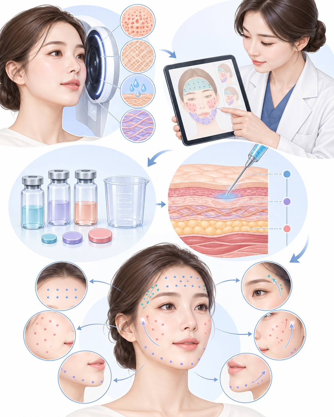 시술 전 피부 분석을 바탕으로 용량과 주입 깊이를 계획하는 스킨보톡스 시술 설계 일러스트