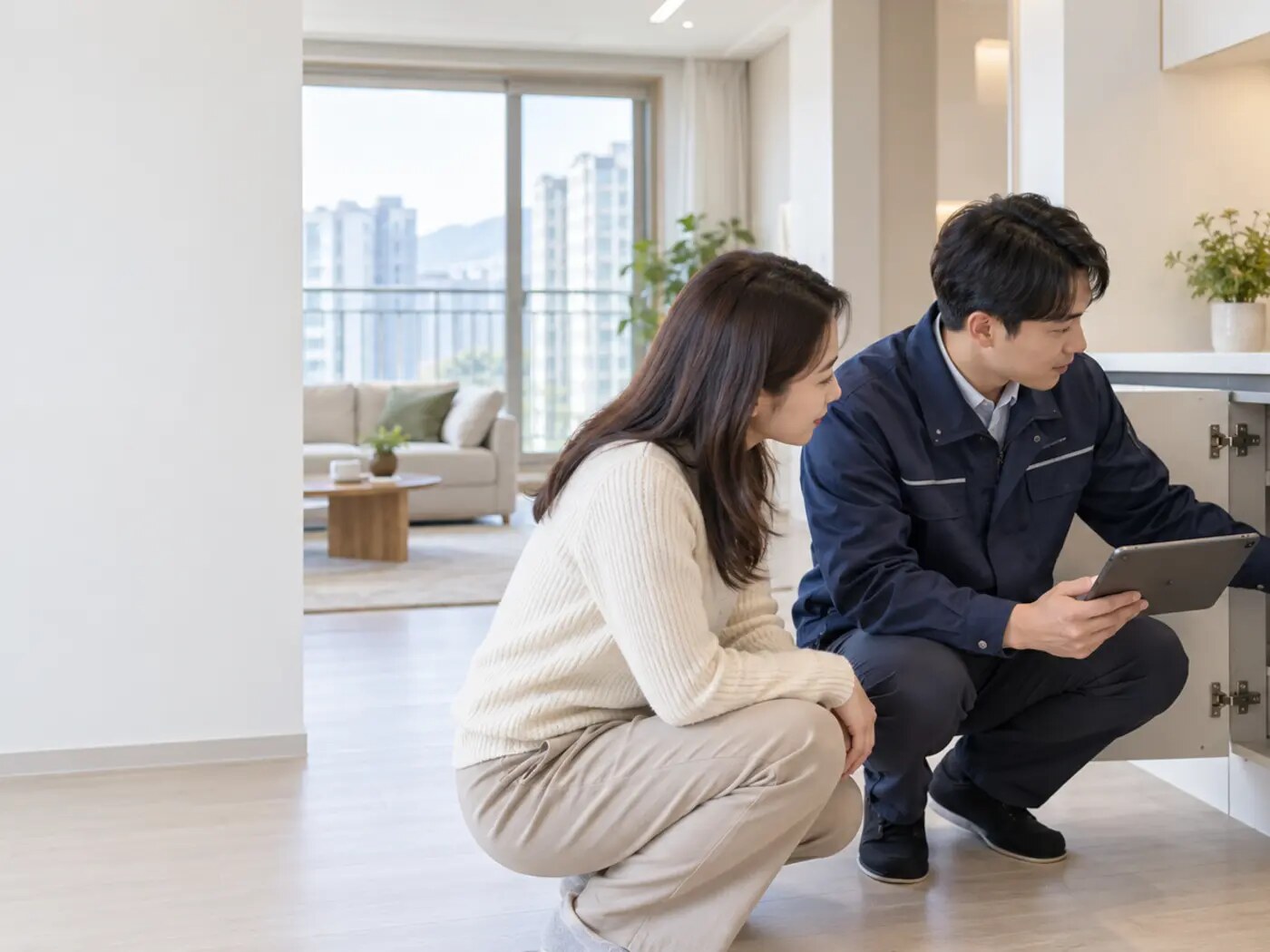 입주자와 현장관리자가 세대 내부 상태를 함께 확인하는 장면