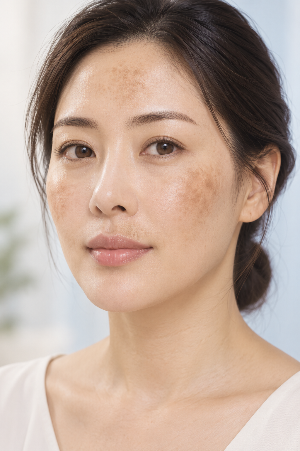 대전피코토닝 기미 안내용 얼굴 피부 이미지, 이마와 양쪽 볼에 갈색 기미가 보이는 모습
