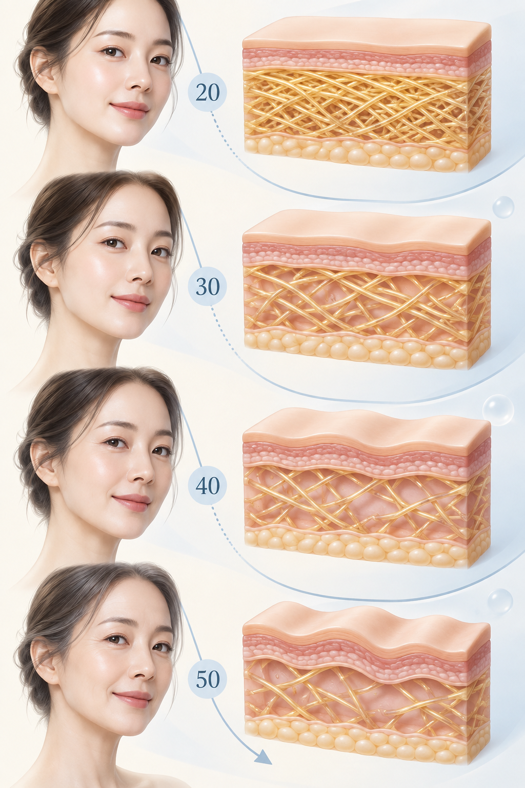 강동써마지 콜라겐 감소 시기 설명 인포그래픽, 20대부터 50대까지 연령대가 높아질수록 피부 속 콜라겐 섬유가 감소하고 배열이 느슨해지는 변화