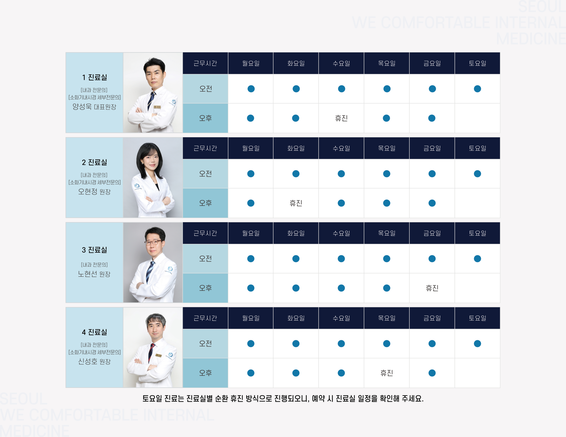 1진료실, 2진료실, 3진료실, 4진료실 진료안내 시간표