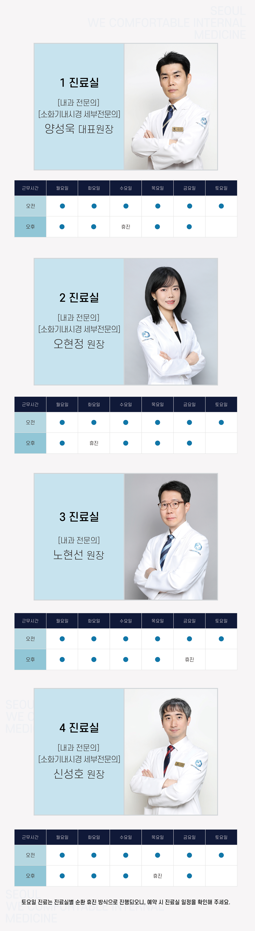 1진료실, 2진료실, 3진료실, 4진료실 진료안내 시간표