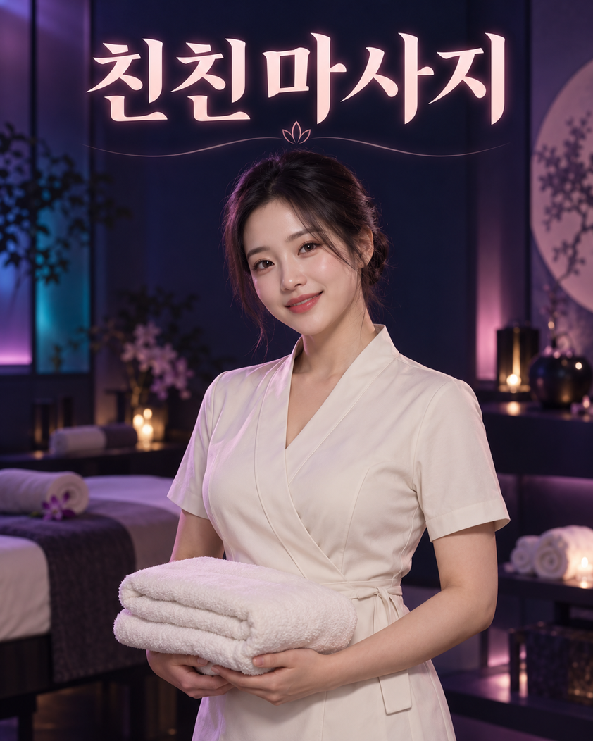 친친마사지 문구와 타월을 든 여성 모델이 보이는 대표 이미지