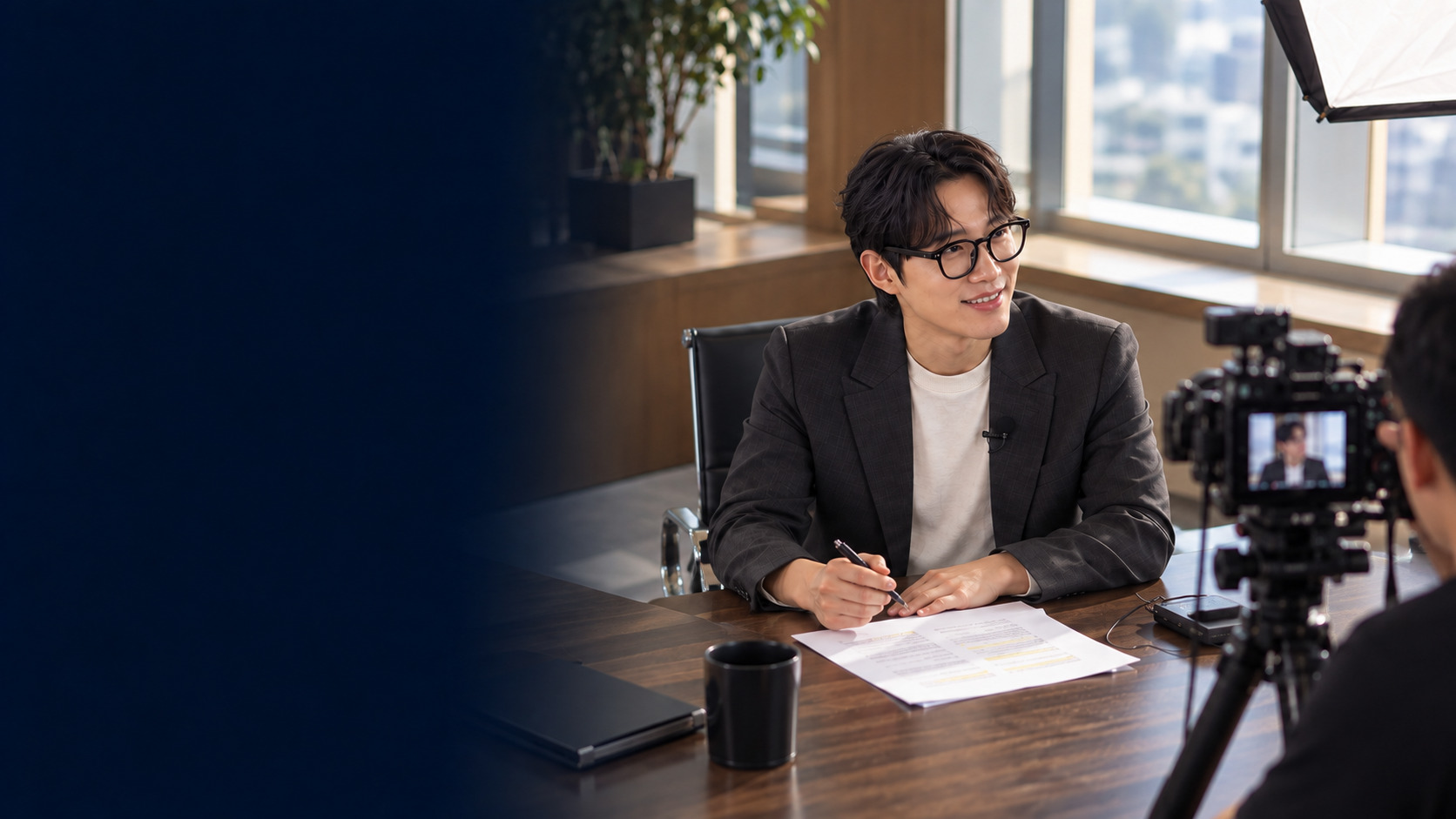 전문직 사업체 대표가 숏폼 인터뷰 촬영 현장에서 대본을 확인하는 모습