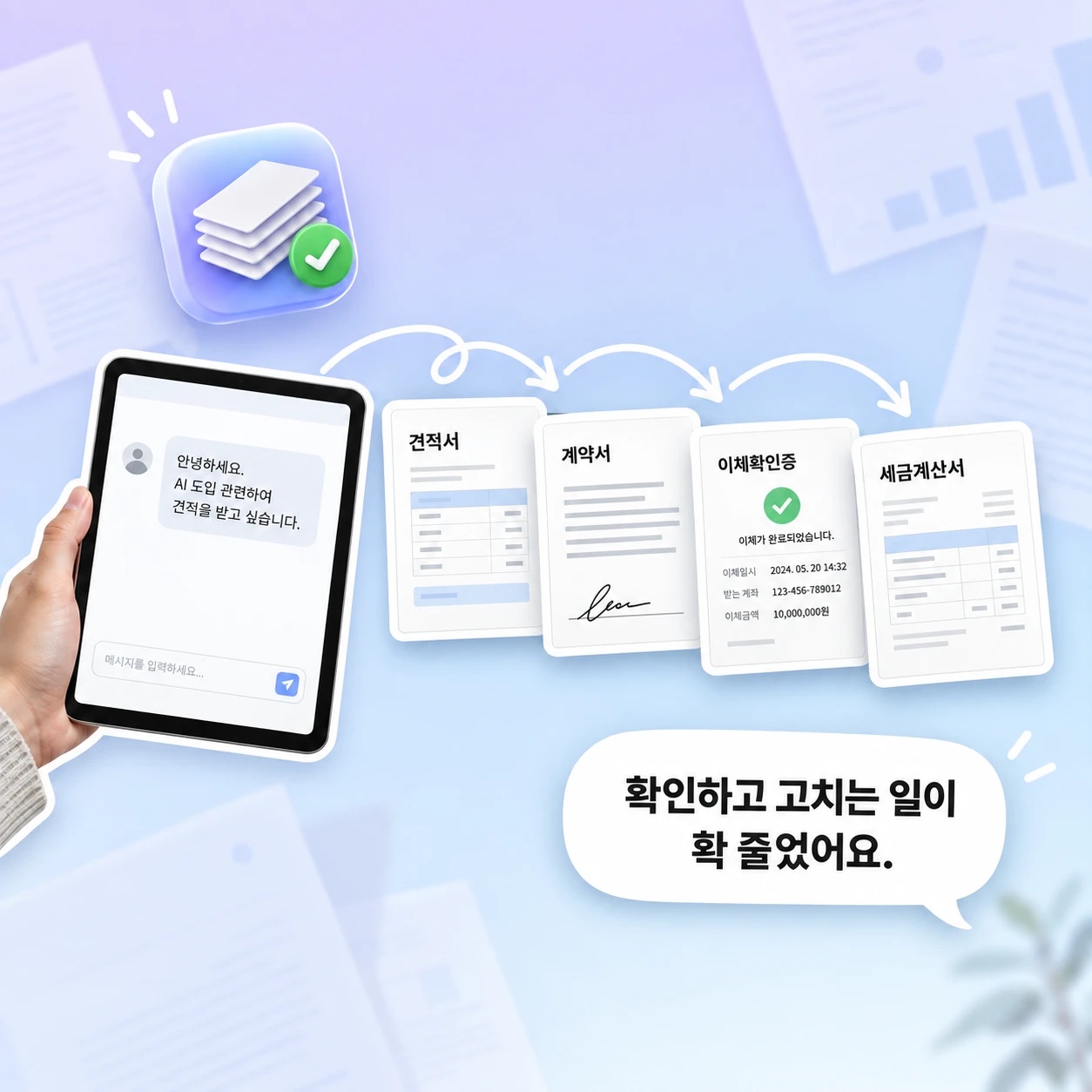 문의에서 견적서, 계약서, 이체확인증, 세금계산서까지 자동으로 이어지는 서류 흐름