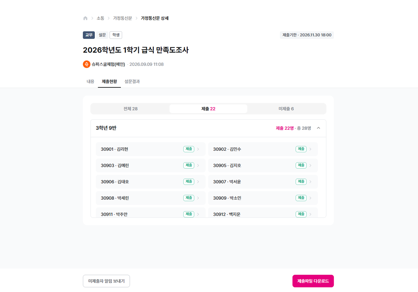제출현황 탭 · 학급별 명단