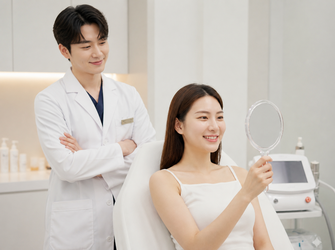 강동울쎄라피프라임 시술 후 손거울로 개선된 얼굴 윤곽을 확인하며 미소 짓는 여성과 의료진