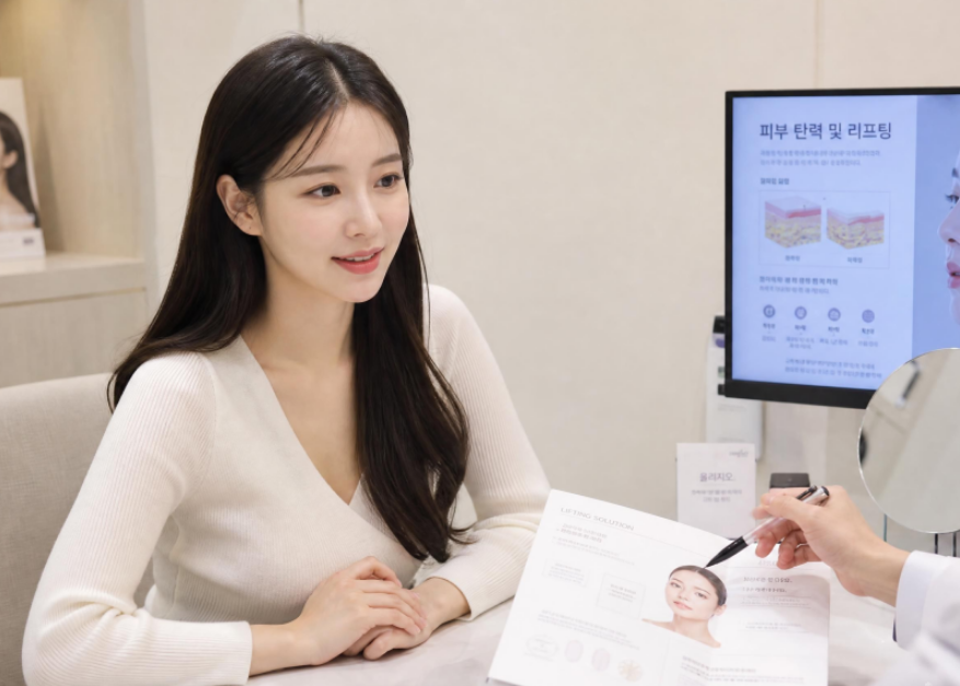 강동울쎄라피프라임 상담 중 리프팅 솔루션 브로슈어를 살펴보는 여성 환자와 의료진