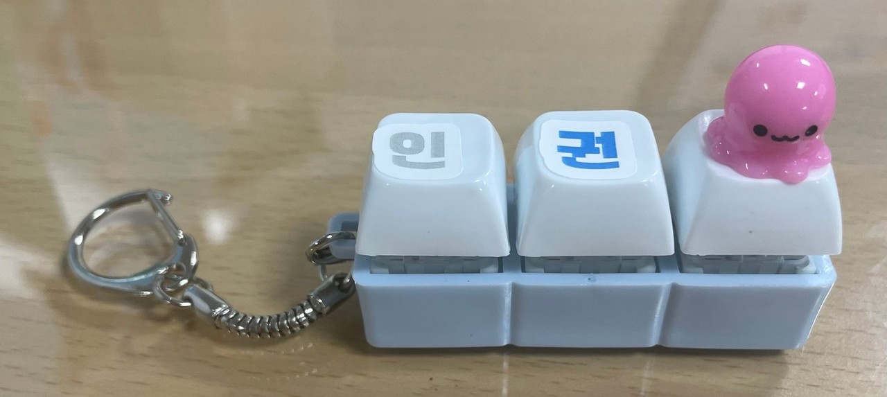 같은 키캡 키링을 위에서 본 모습. ‘인’·‘권’ 글자 옆에 분홍색 문어 모양 장식이 놓여 있다