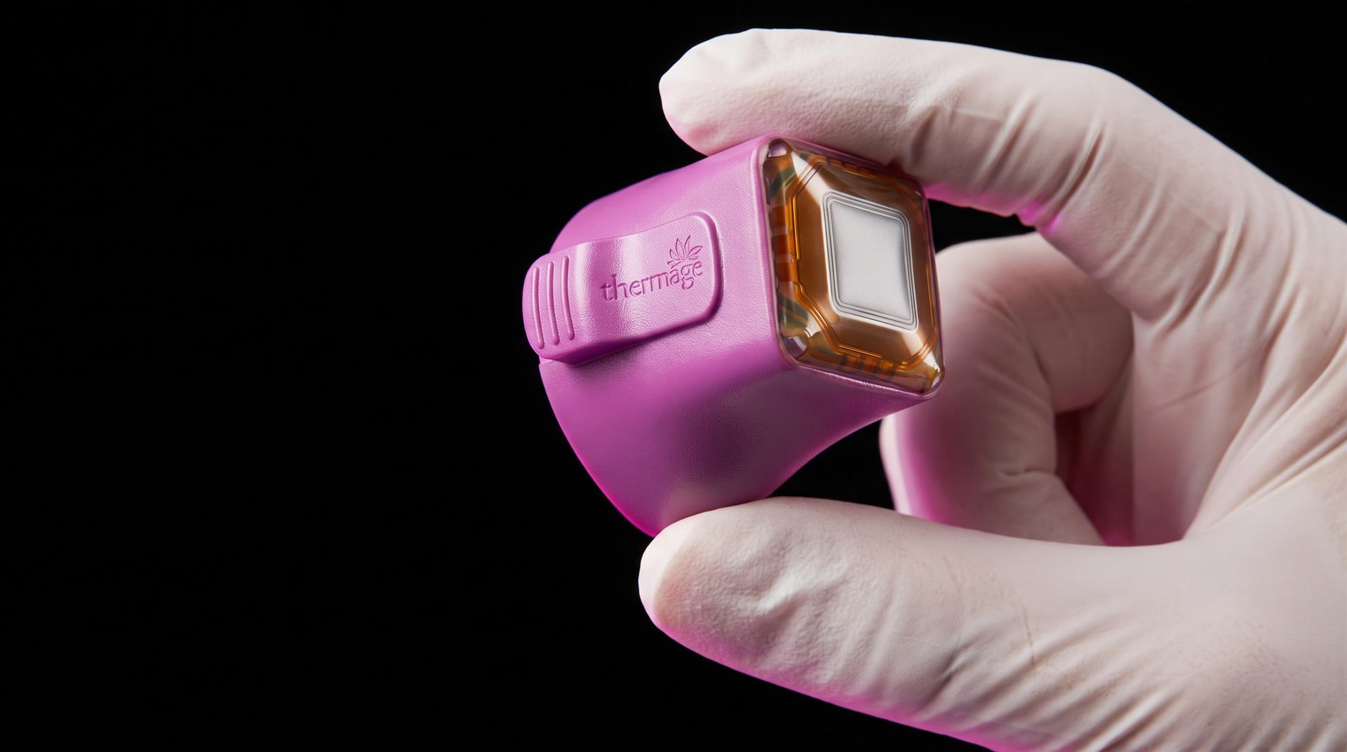 A genuine Thermage FLX tip opened in front of the patient