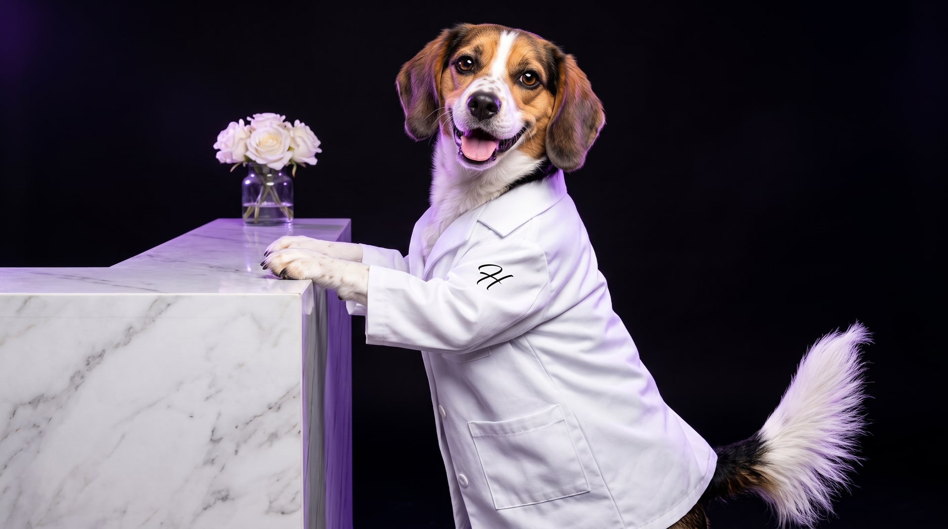 Mango in a doctor's coat welcoming guests at the reception desk