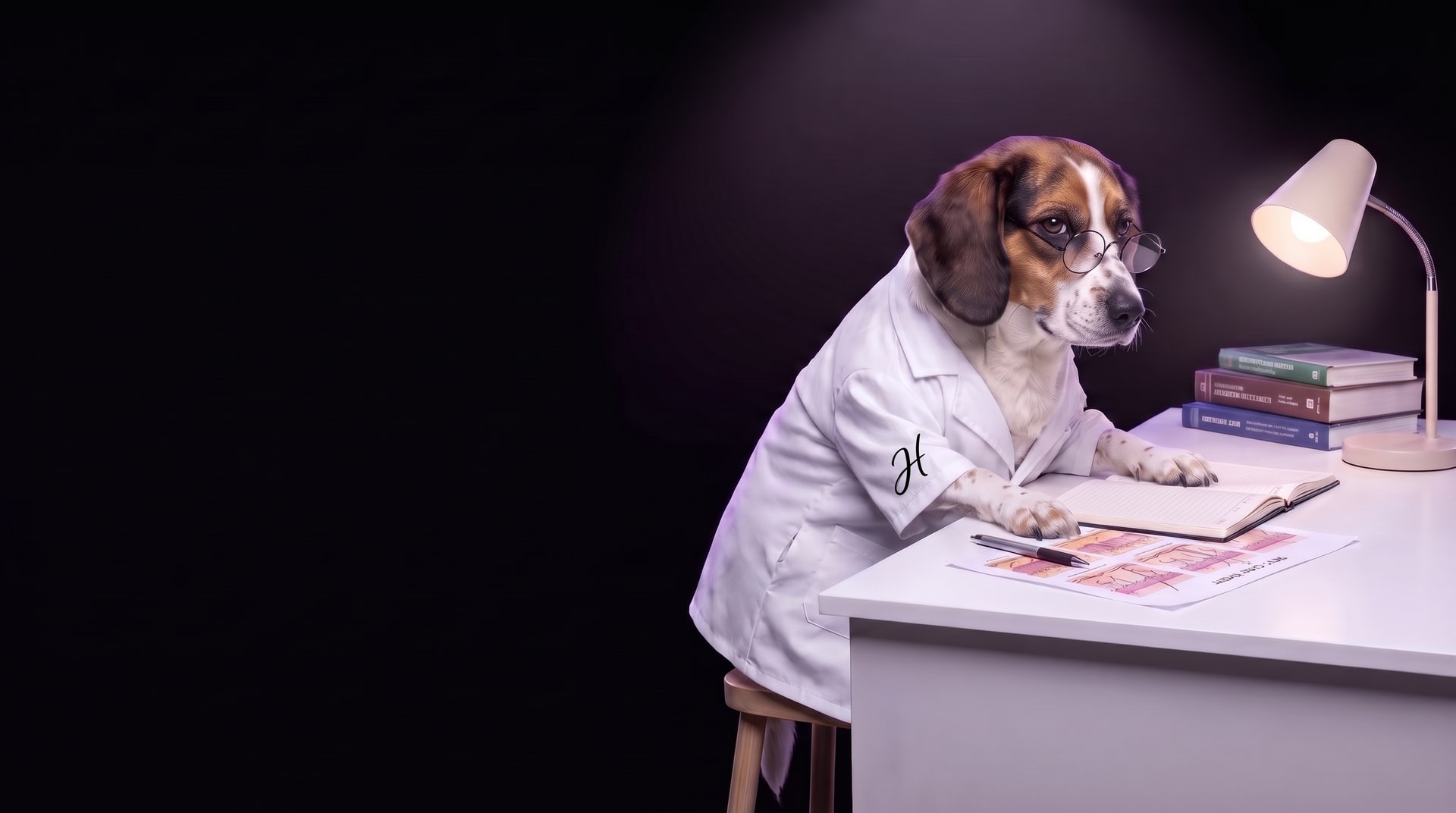 Mango in reading glasses studying at a desk