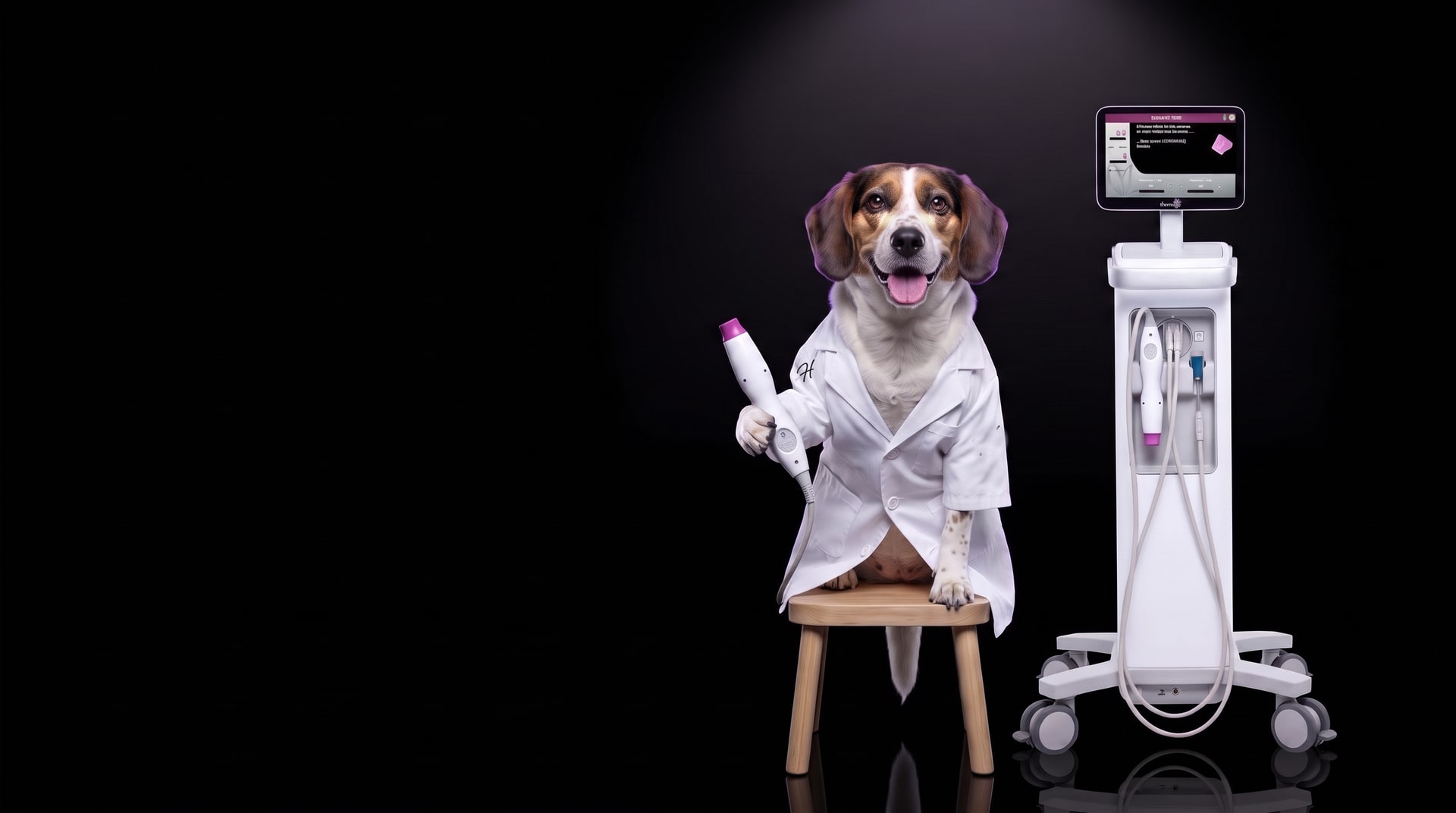 Mango, our clinic beagle, in a doctor's coat holding a Thermage FLX handpiece