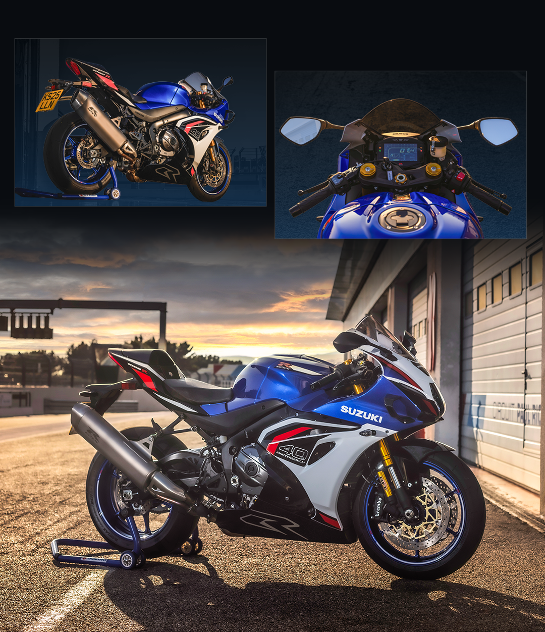 피트 개러지 앞에 선 2027년형 GSX-R1000R 블루와 LCD 계기판
