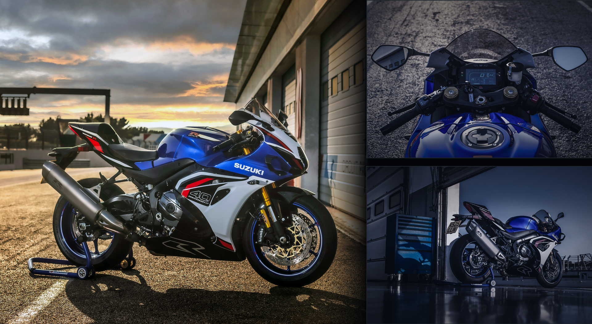 피트 개러지 앞에 선 2027년형 GSX-R1000R 블루와 LCD 계기판