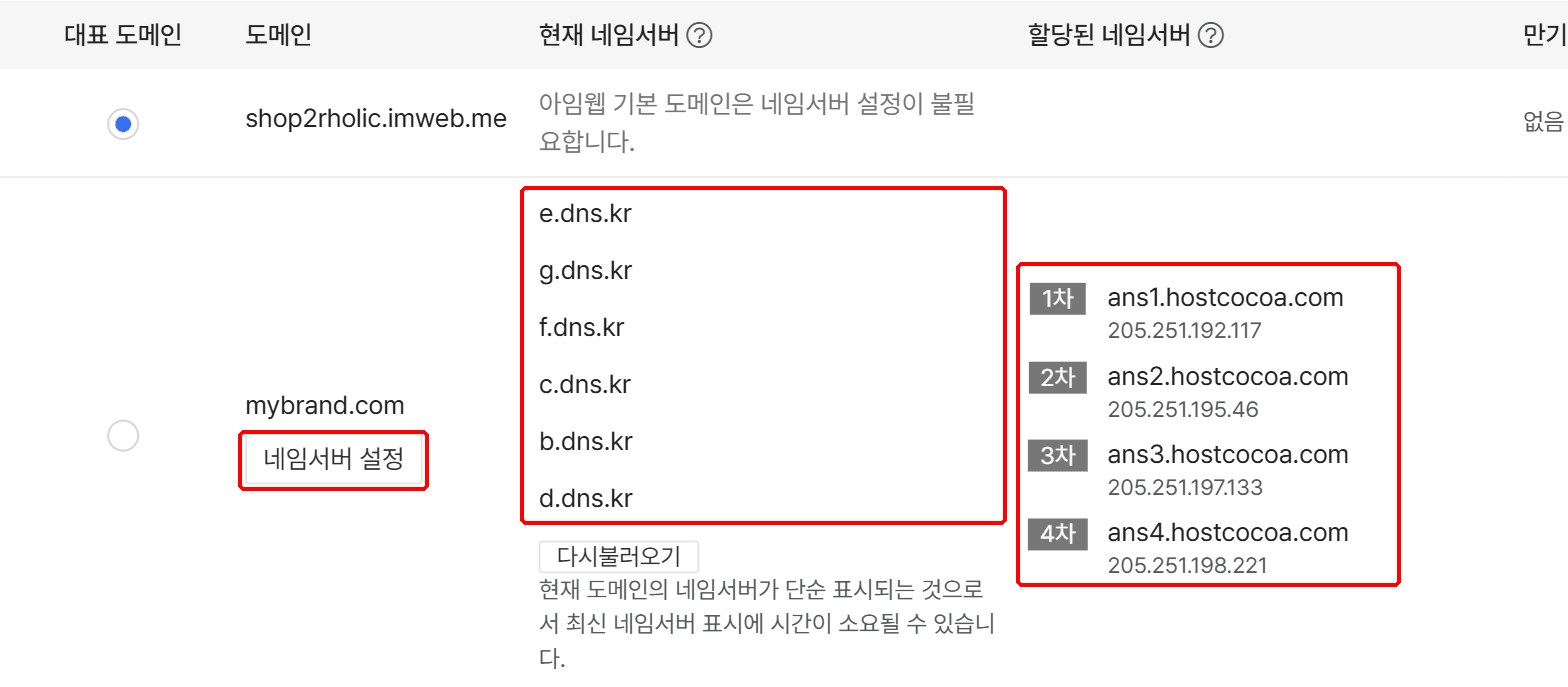 사이트에 연결된 도메인 화면 — 현재 네임서버·할당된 네임서버 비교와 네임서버 설정 버튼