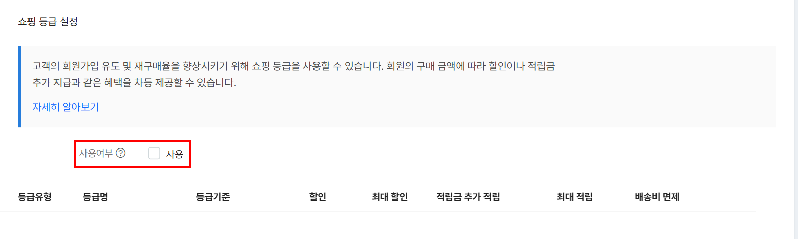 쇼핑 등급 설정의 사용여부 항목
