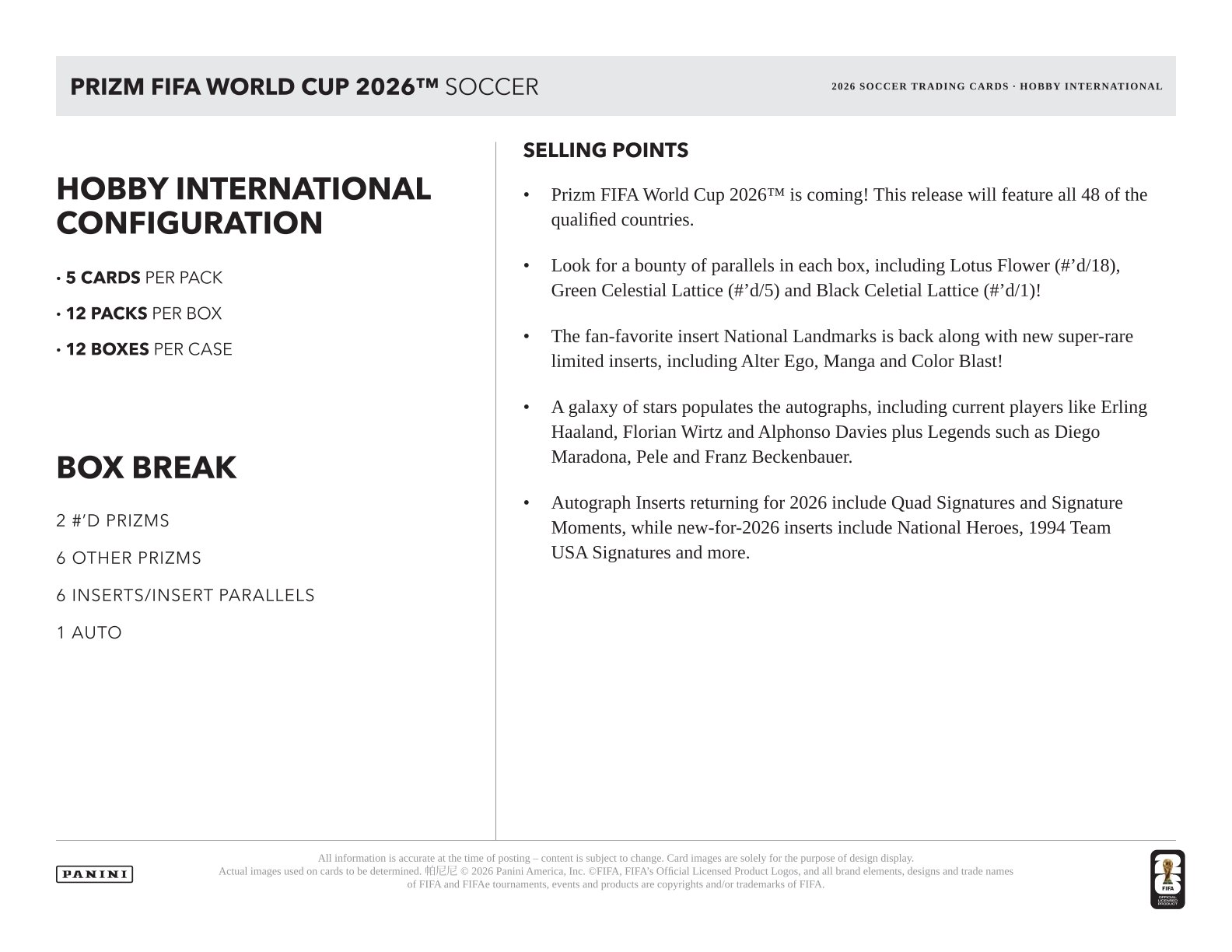 2026 Panini Prizm FIFA World Cup Soccer Hobby International Box