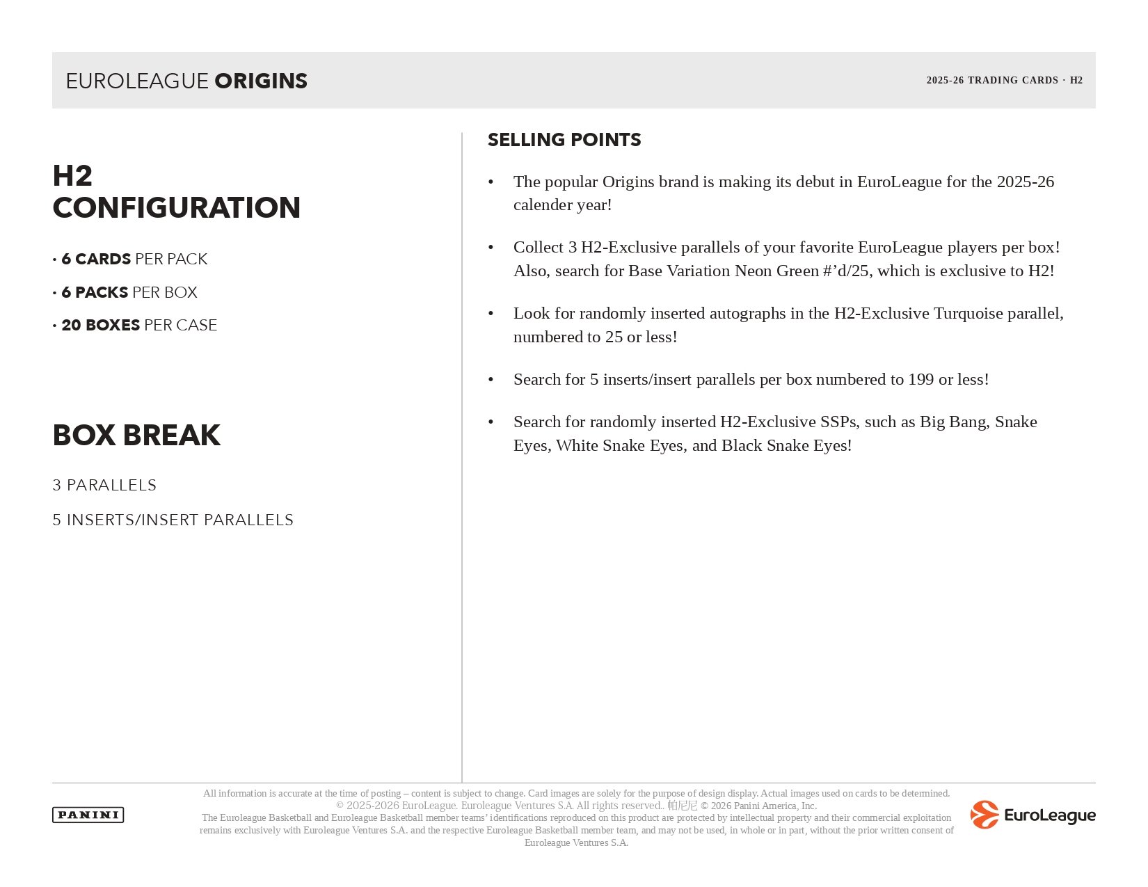 2025-26 Panini Origins EuroLeague Basketball H2 Box