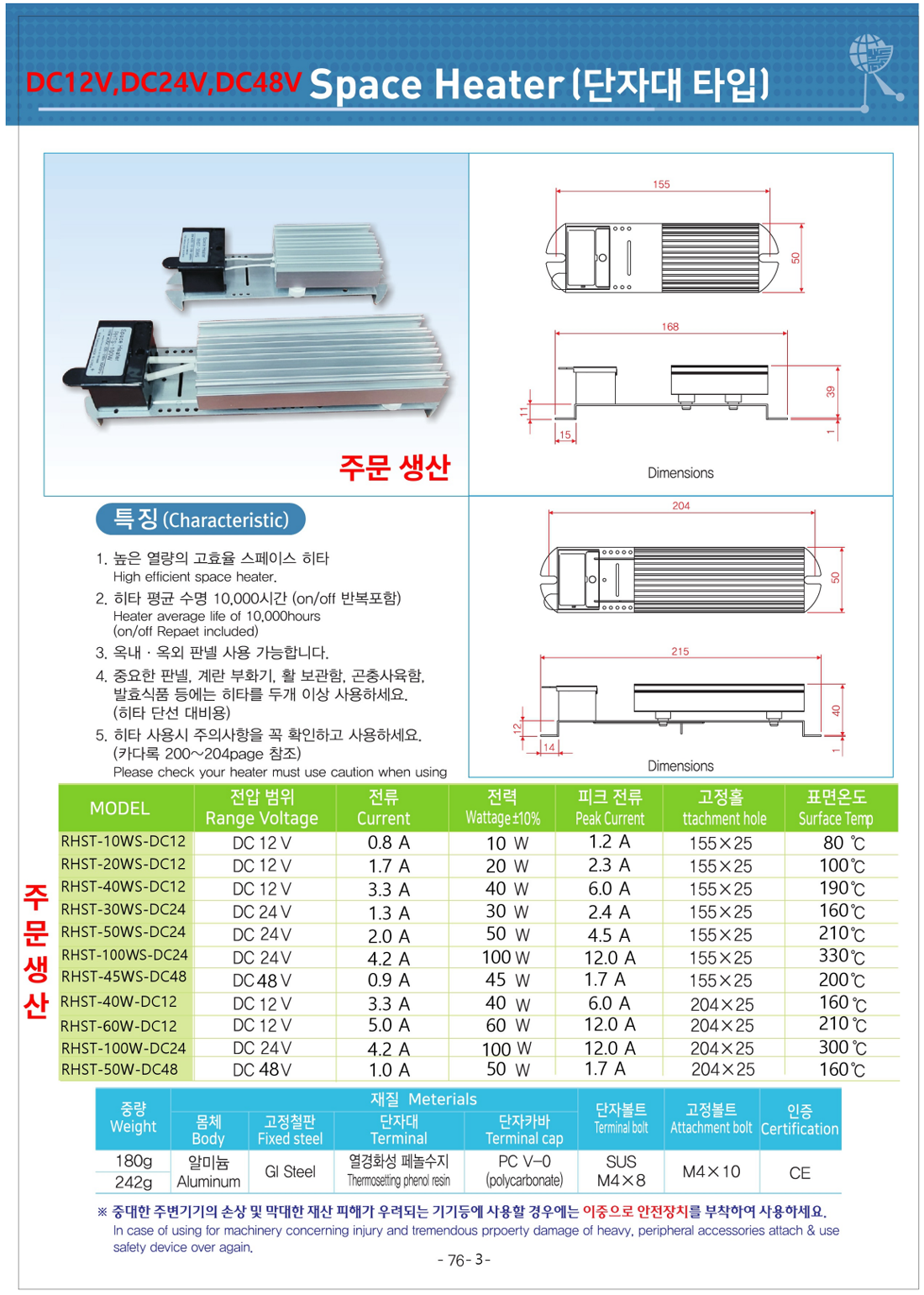 RHST-30WS DC24V, RHST-50WS DC24V, RHST-100WS DC24V, RHST-100W DC24V , RHST DC 히터