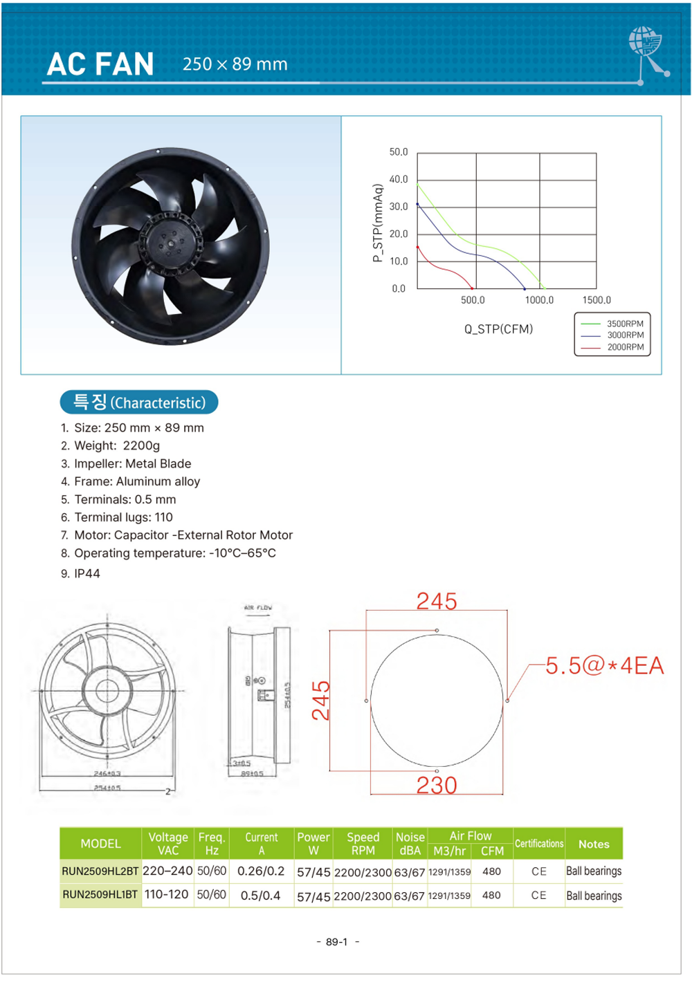 RUN2509LA2BT, RUN2509LA1BT, 런전자, 쿨링팬, FAN, 250mm FAN, 볼베어링, Ball Bearing, 팬모터