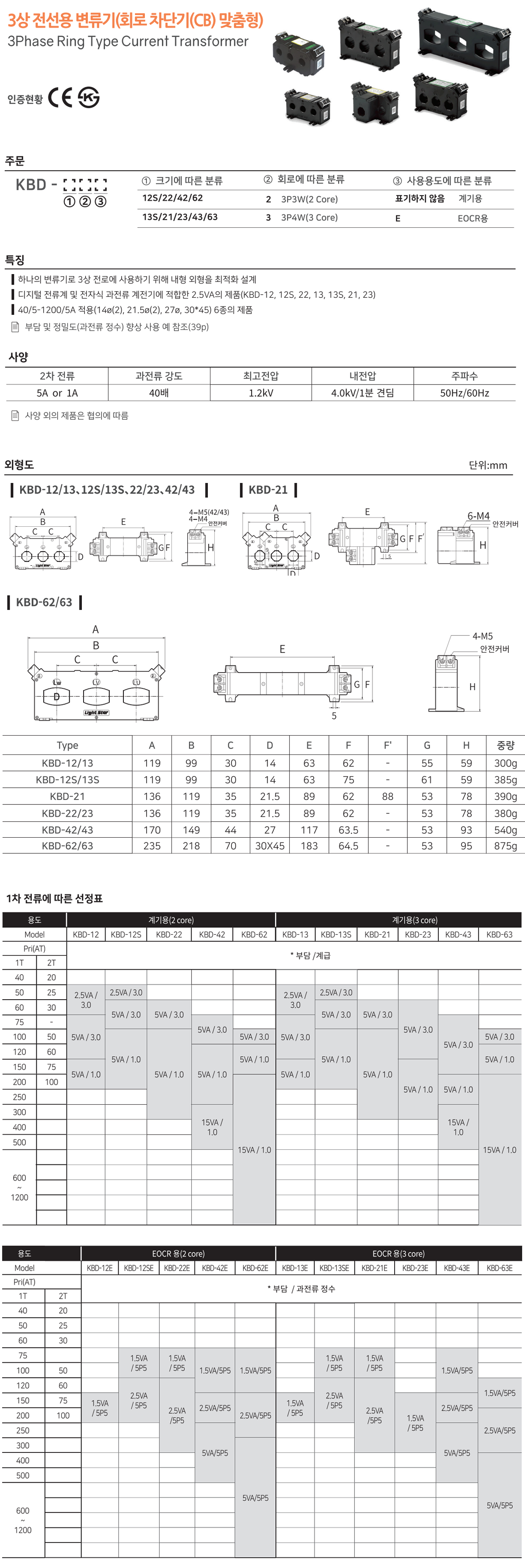 KBD-12, 50/5A, 60/5A, 75/5A, 100/5A, 120/5A, 150/5A, 200/5A, 변류기, Current Transformer, 일체형 전선용 변류기,