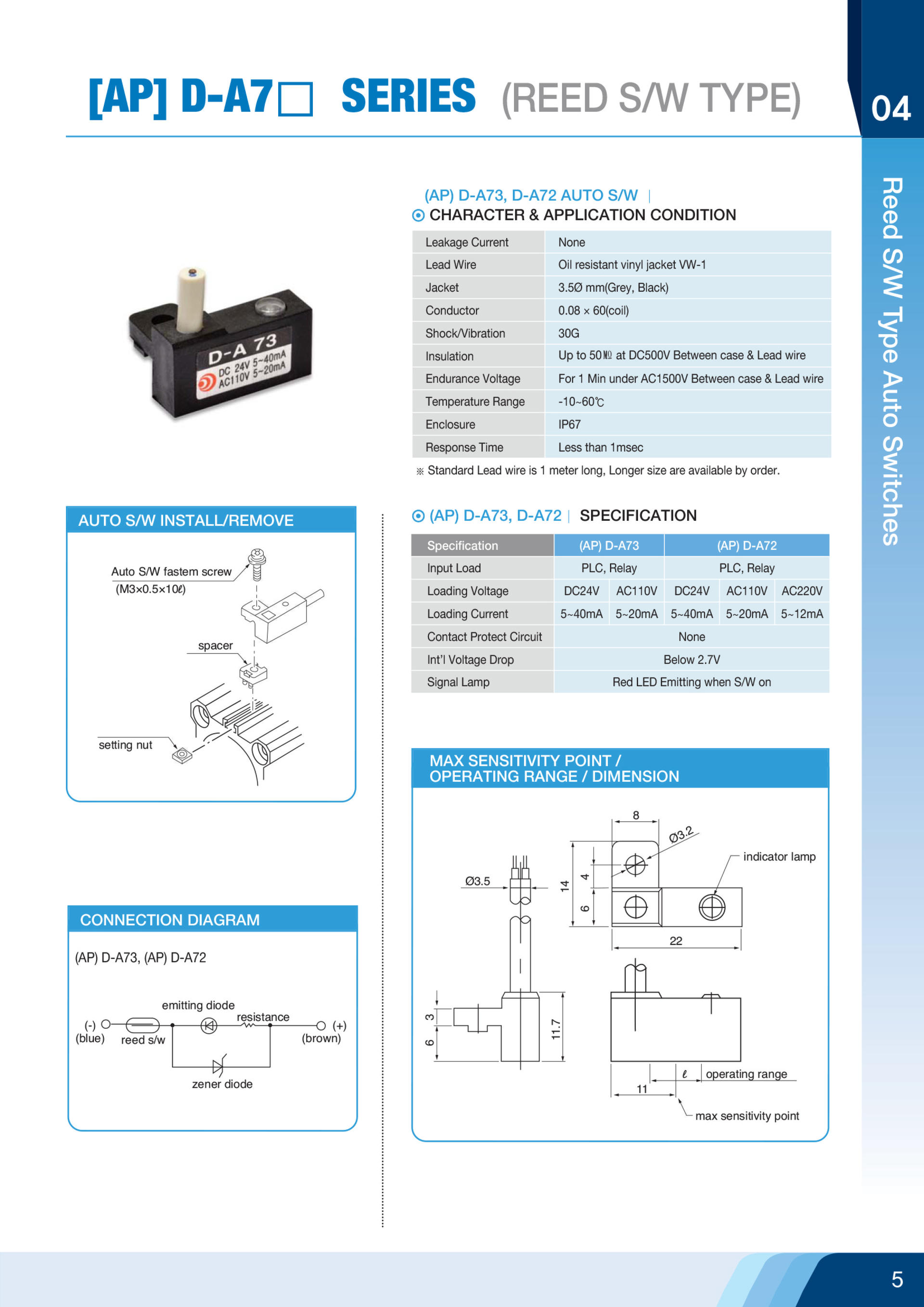 D-A72 D-A73 (SPST) Auto Switch (SPST)오토 스위치 (SPST)유접점 유접점오토 스위치 (DME ...