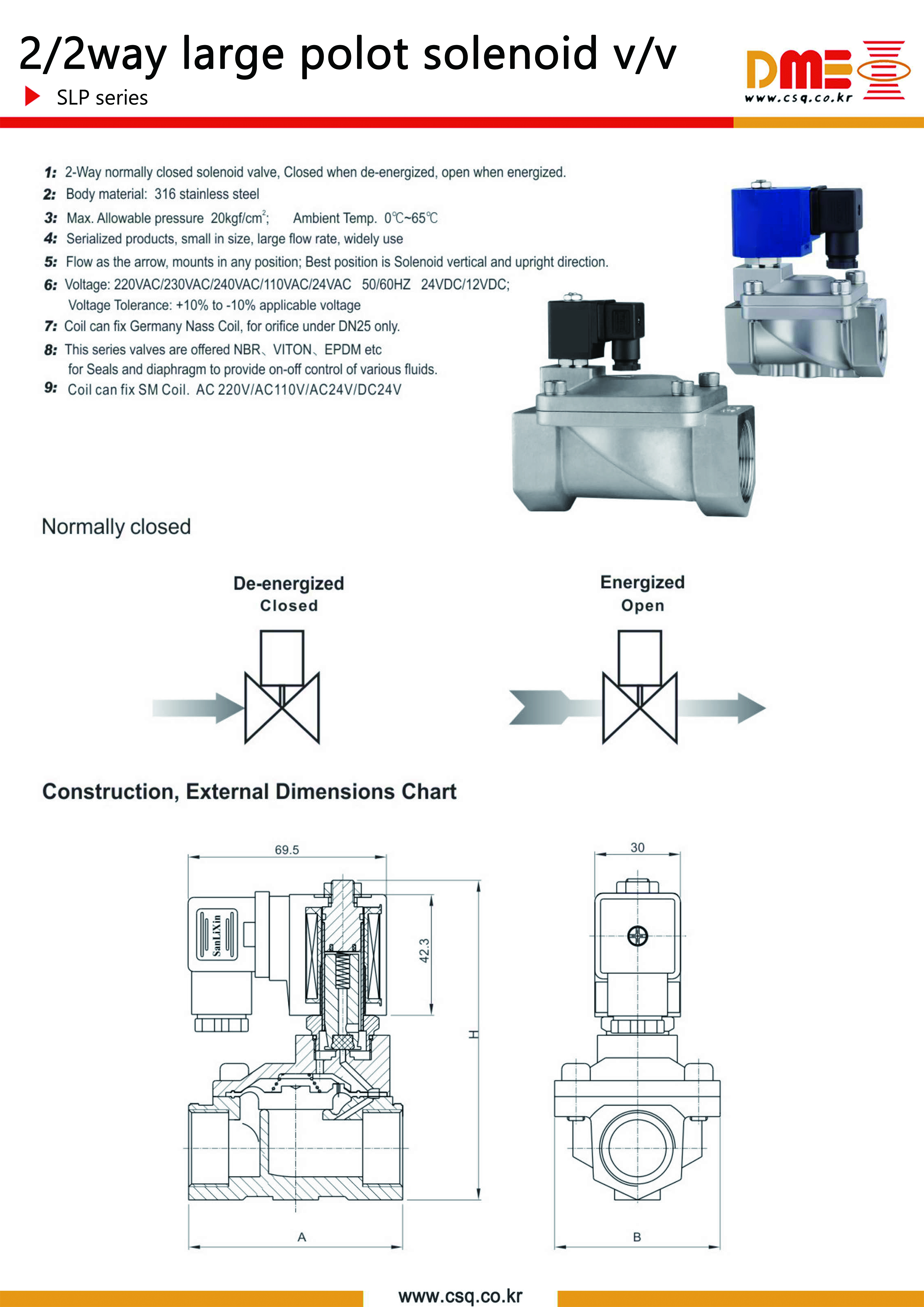 SLP●2/2way SUS316 solenoid valve●SUS316스텐레스 솔레노이드밸브●(0.1bar~16bar)●(G3/8 F~G2 F)●(San,DME)