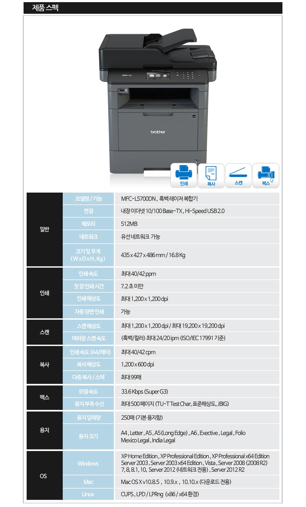 브라더 MFC-L5700DN 흑백 레이저 복합기