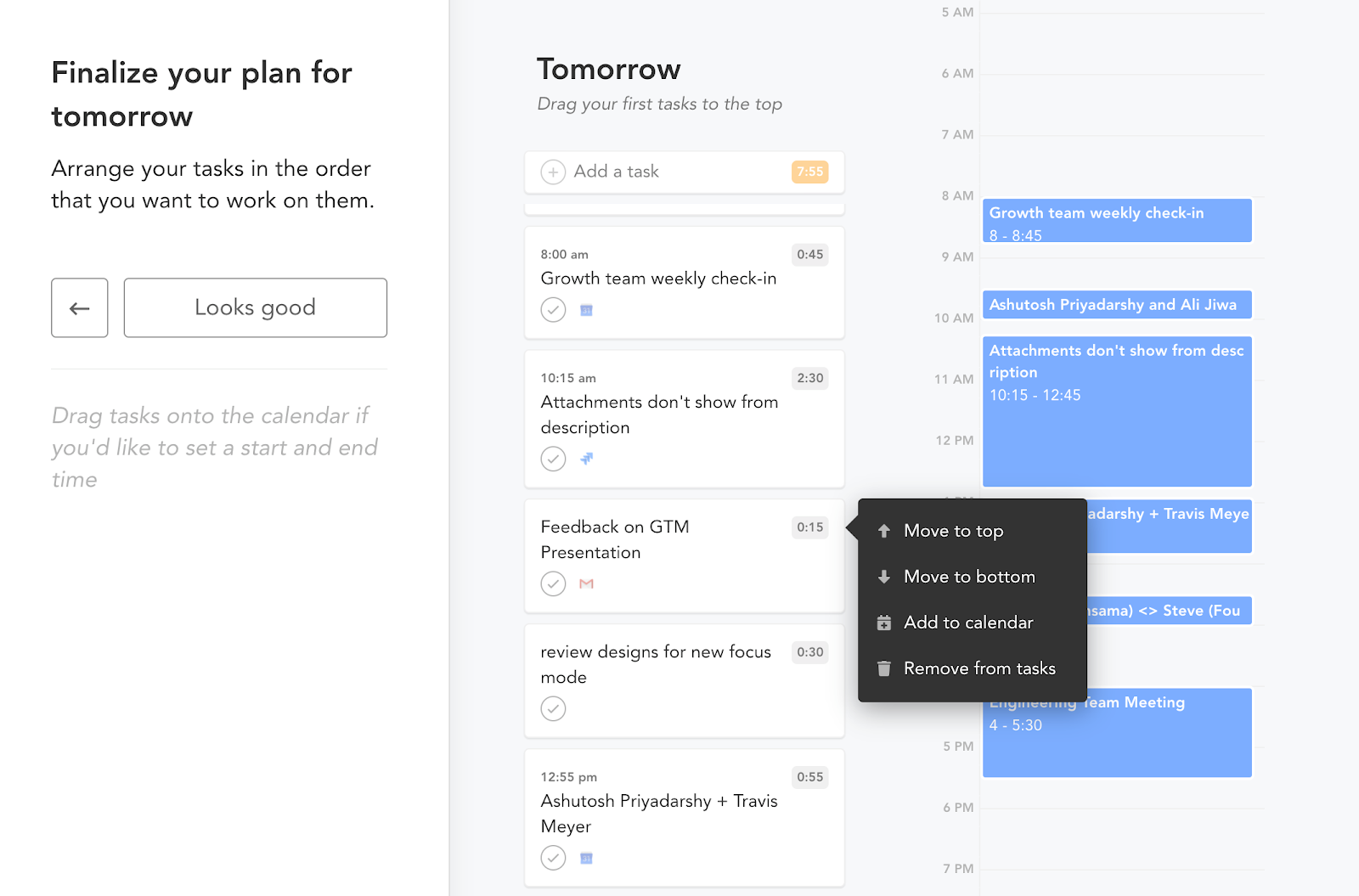 Reorder tasks with the right click menu