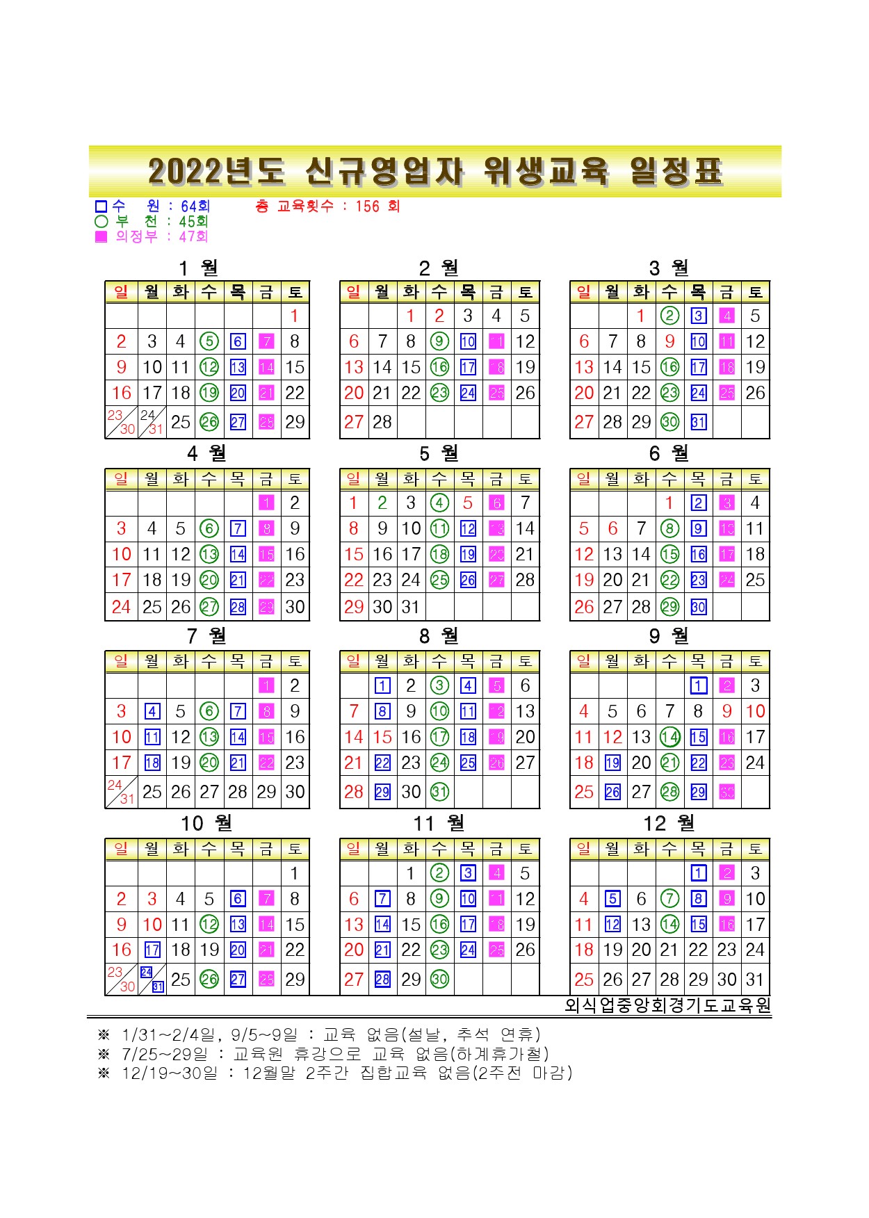 2022년도 신규영업자 집합 위생교육 전면 실시 안내 : (사)한국외식업중앙회 경기도지회파주시지부