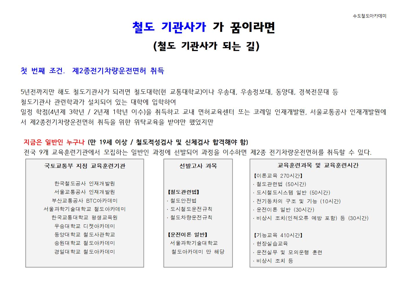 2종전기차량운전면허】 교육기관 선발시험 대비 : 수도철도아카데미 국내유일! 철도공기업 취업 전문교육