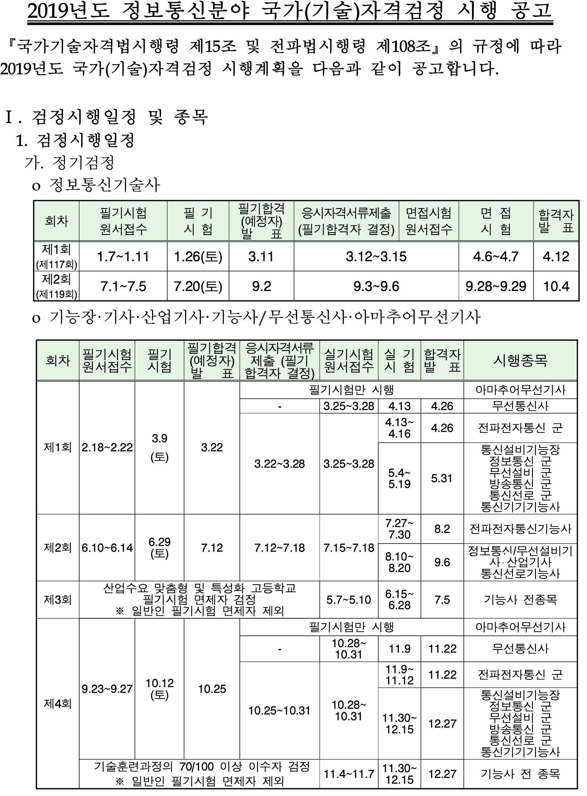 2019년도 정보통신분야 국가(기술)자격검정 시행 공고 안내 : 수도학원 2019년도 정보통신분야 국가(기술)자격검정 시행 공고 안내 : 수도학원