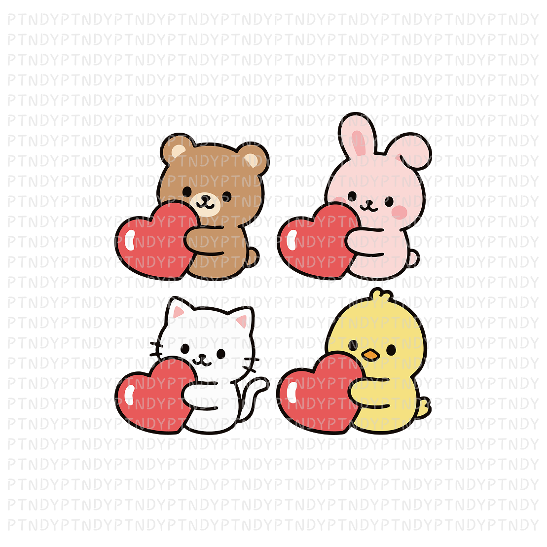 하트를 든 동물들 곰돌이, 토끼, 고양이, 병아리 - 상업용 토퍼 레터링 문구 아이콘 도안 복제 복제