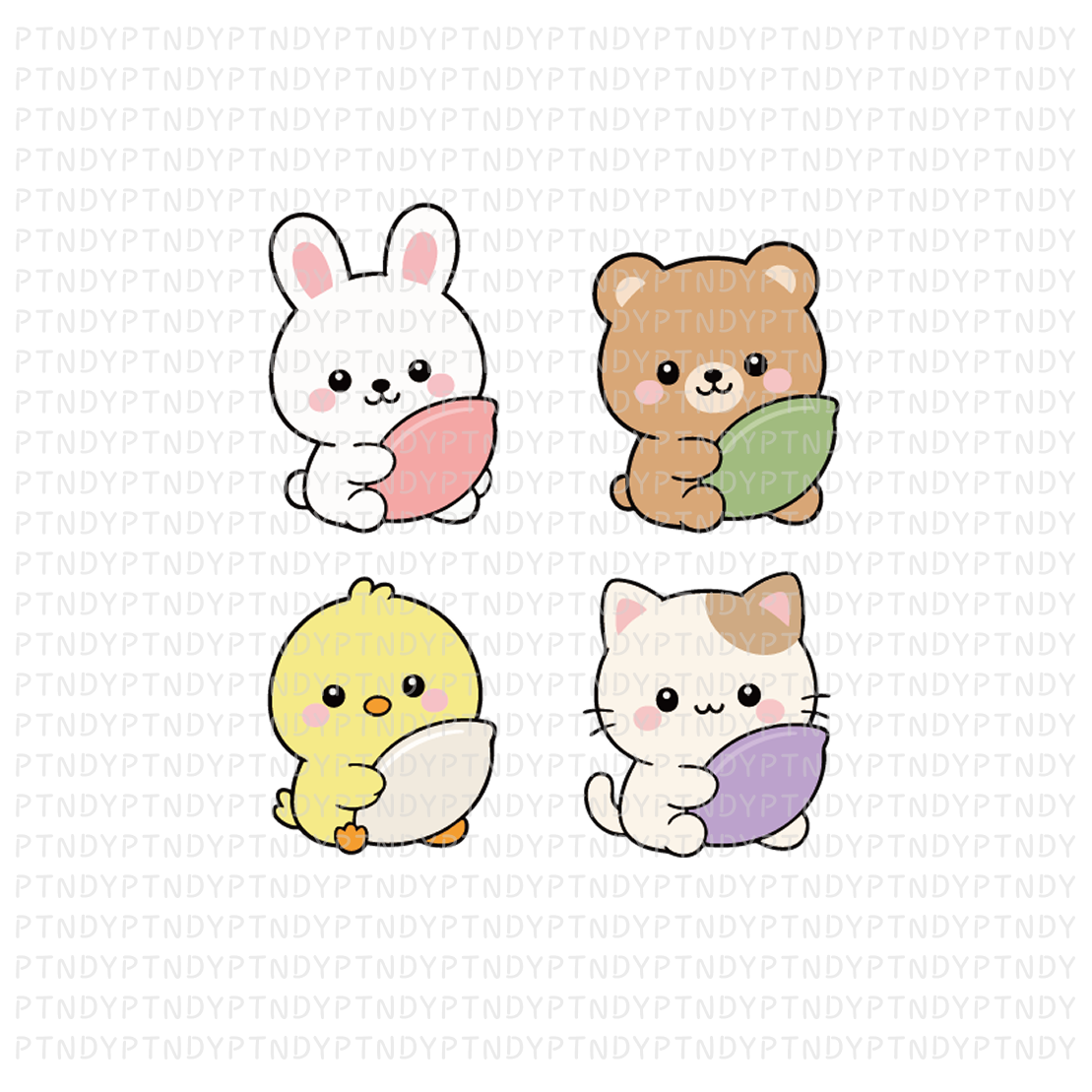 송편을 든 동물들 토끼 곰돌이 병아리 고양이 - 상업용 토퍼 레터링 문구 아이콘 도안