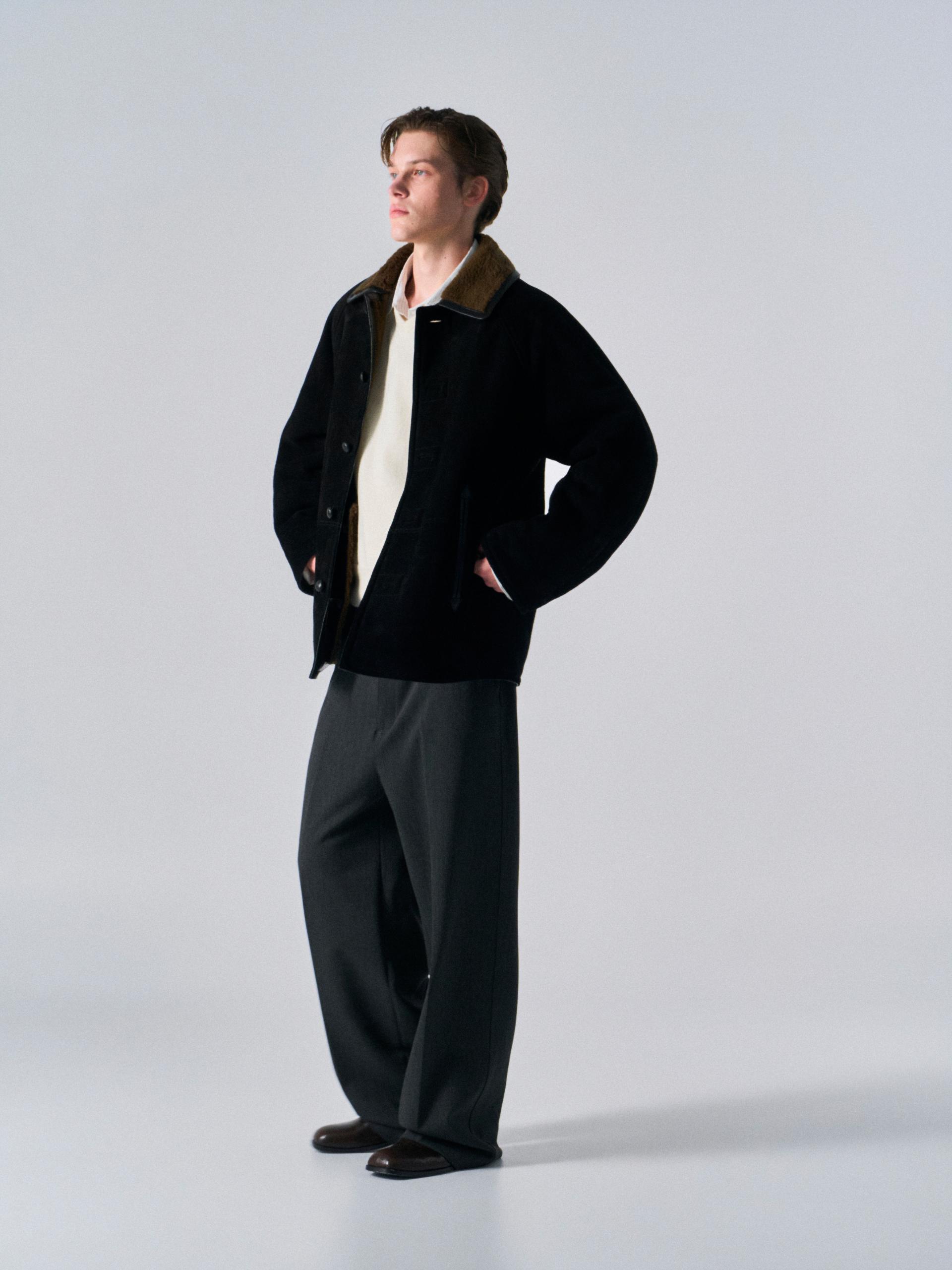 Brogan cow suede shearling car coat ink