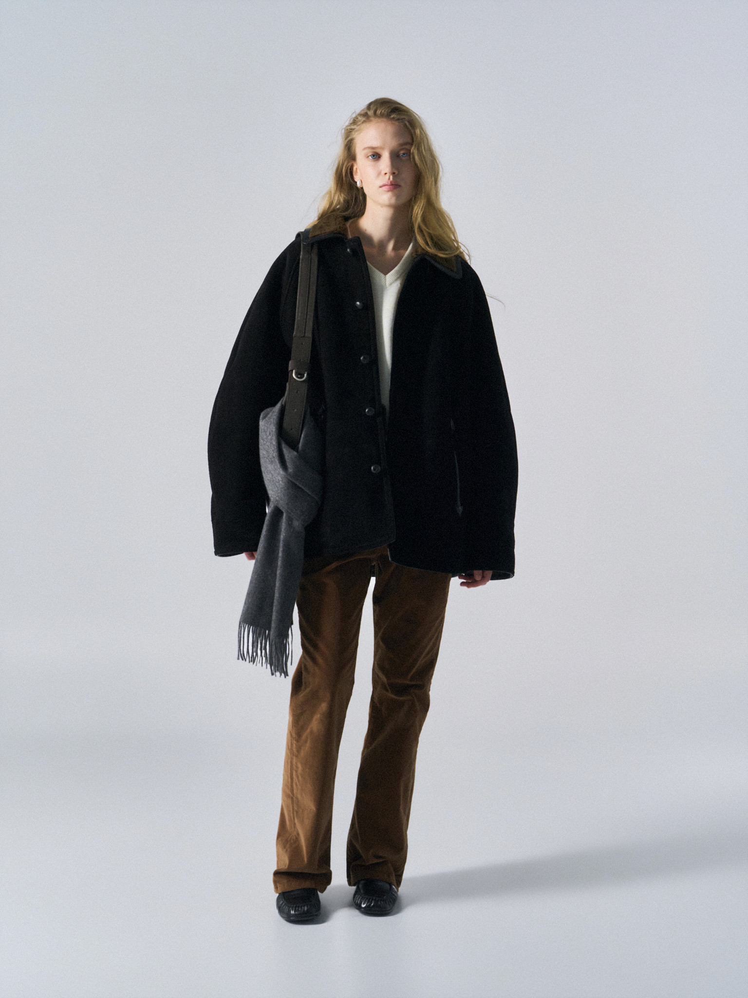 Brogan cow suede shearling car coat ink
