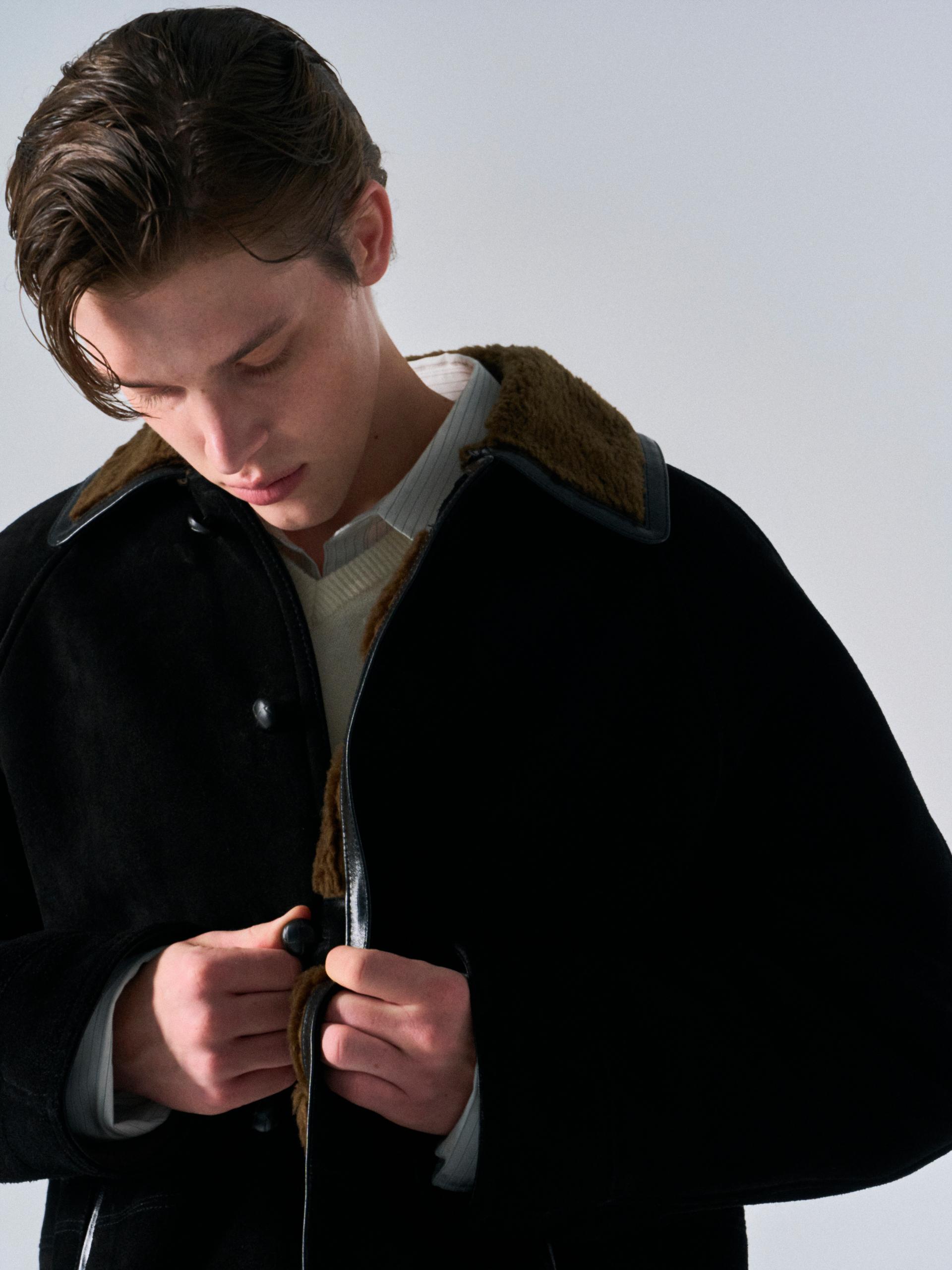 Brogan cow suede shearling car coat ink