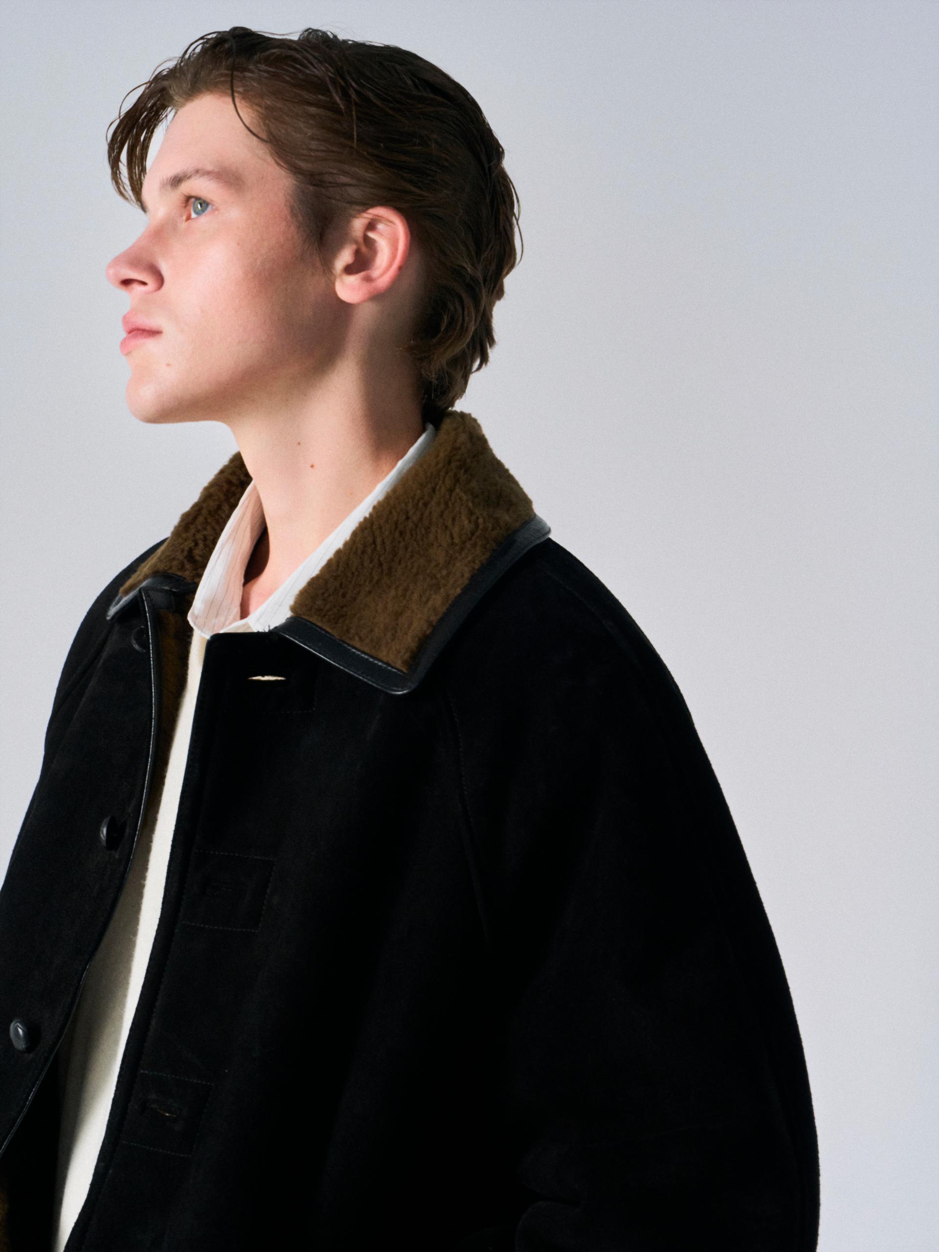 Brogan cow suede shearling car coat ink
