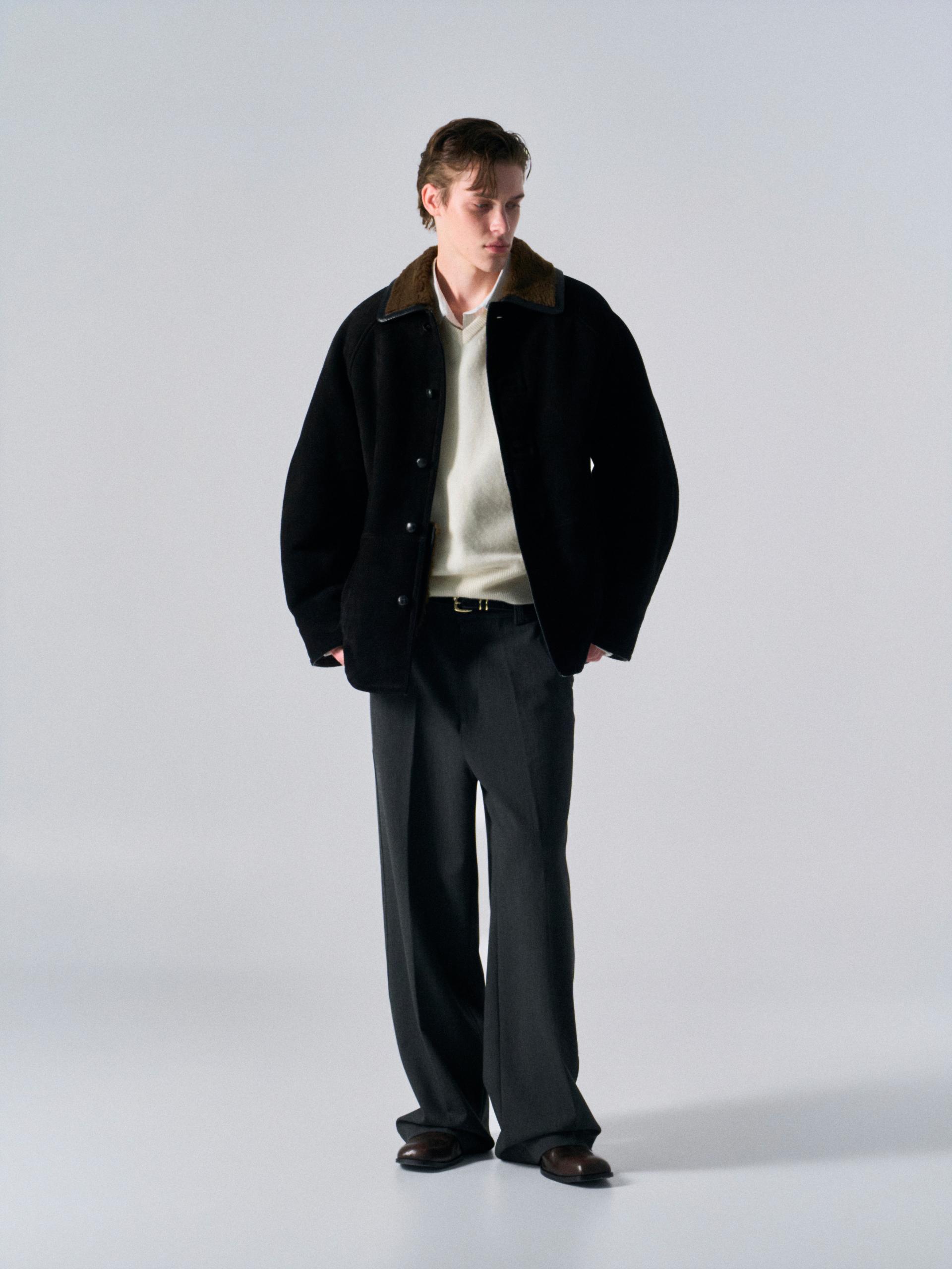 Brogan cow suede shearling car coat ink