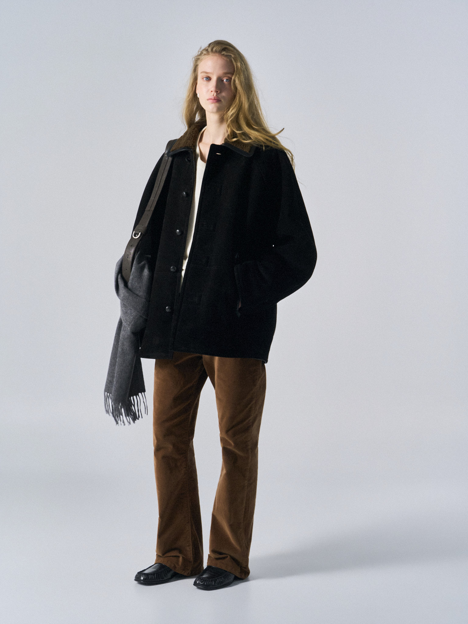 Brogan cow suede shearling car coat ink