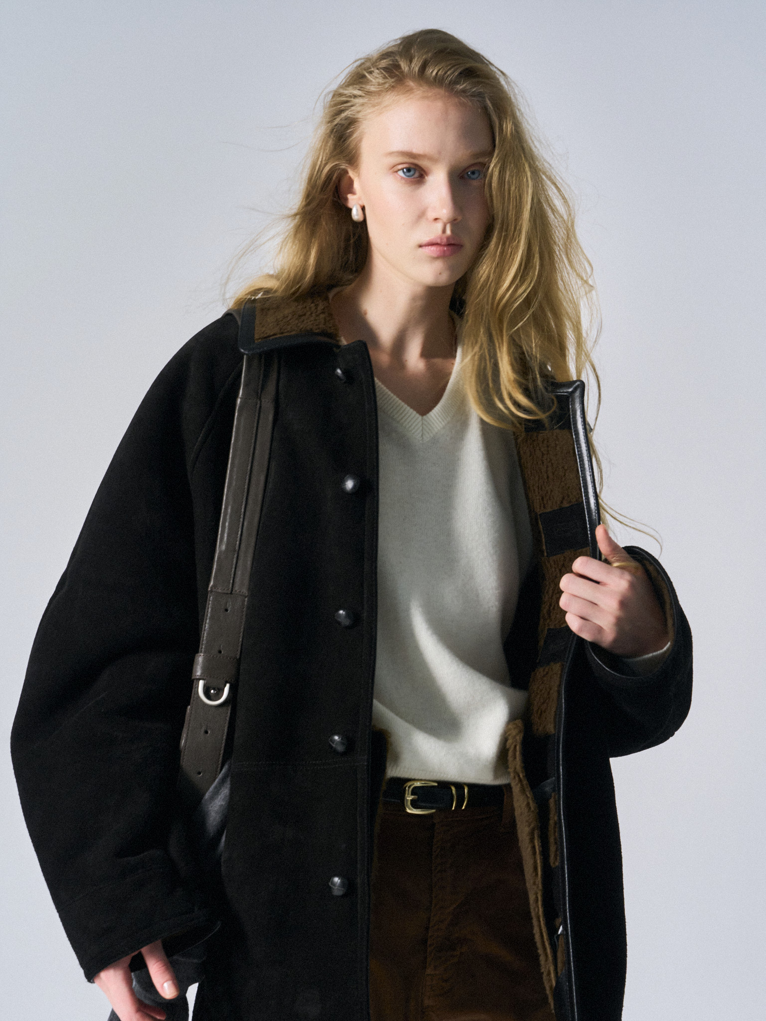 Brogan cow suede shearling car coat ink