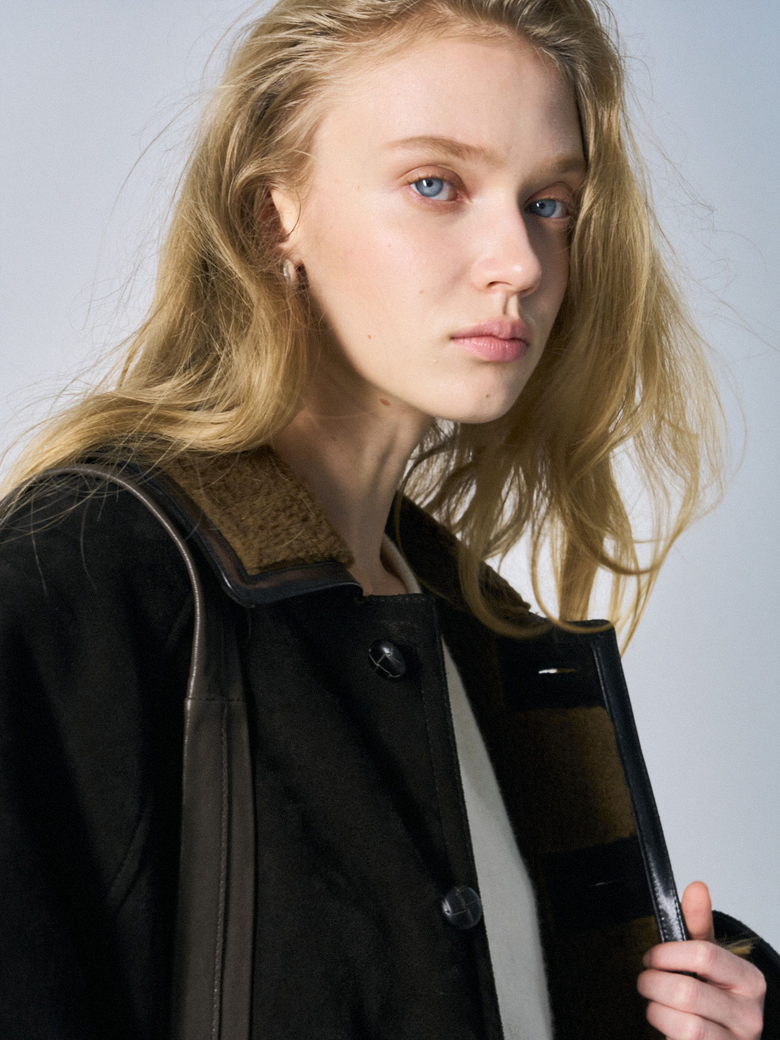 Brogan cow suede shearling car coat ink