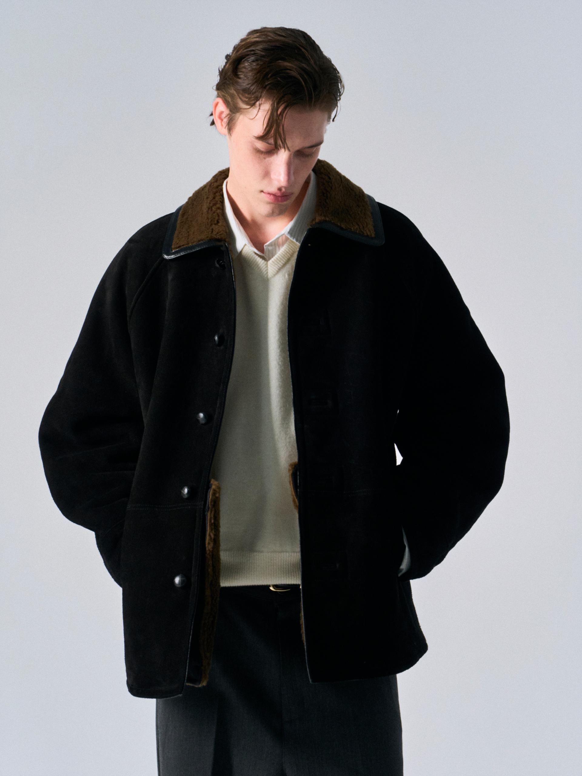 Brogan cow suede shearling car coat ink