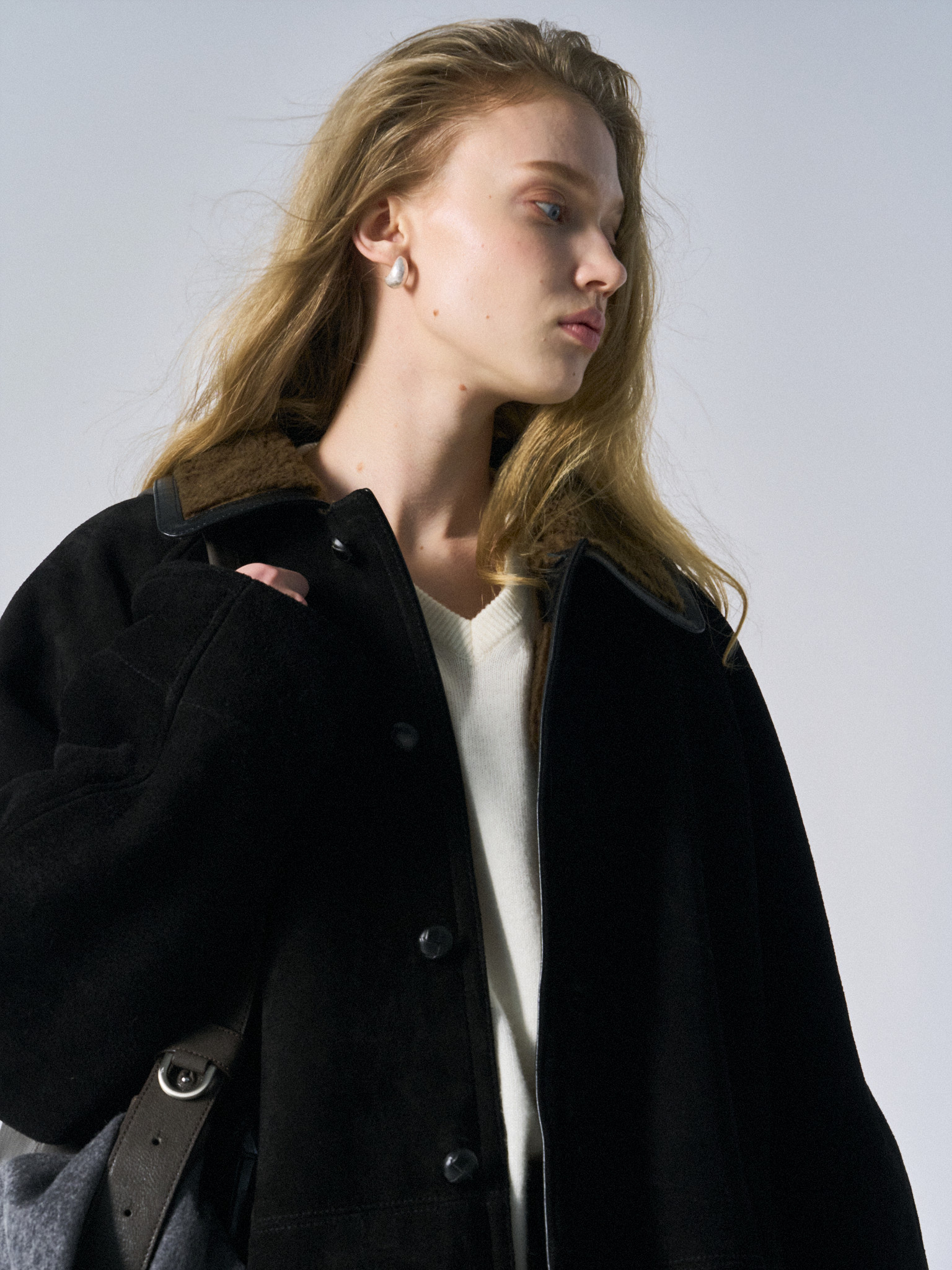 Brogan cow suede shearling car coat ink